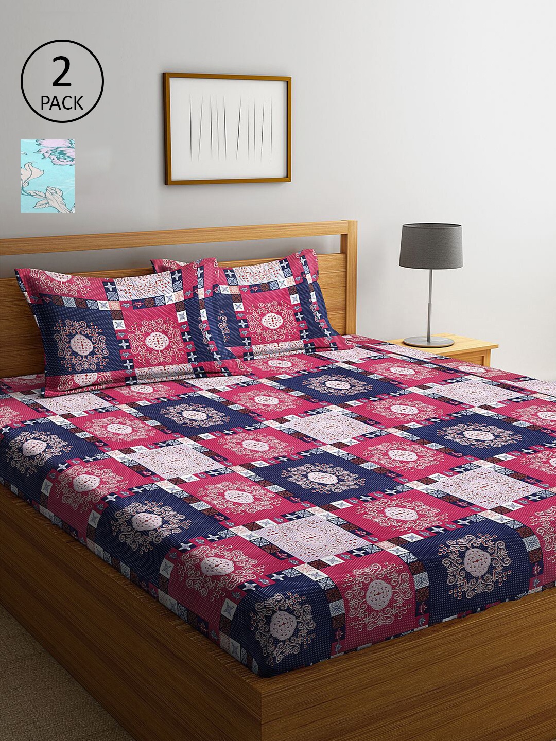 

KLOTTHE Pink & Blue Geometric 210 TC 2 King Bedsheet with 4 Pillow Covers