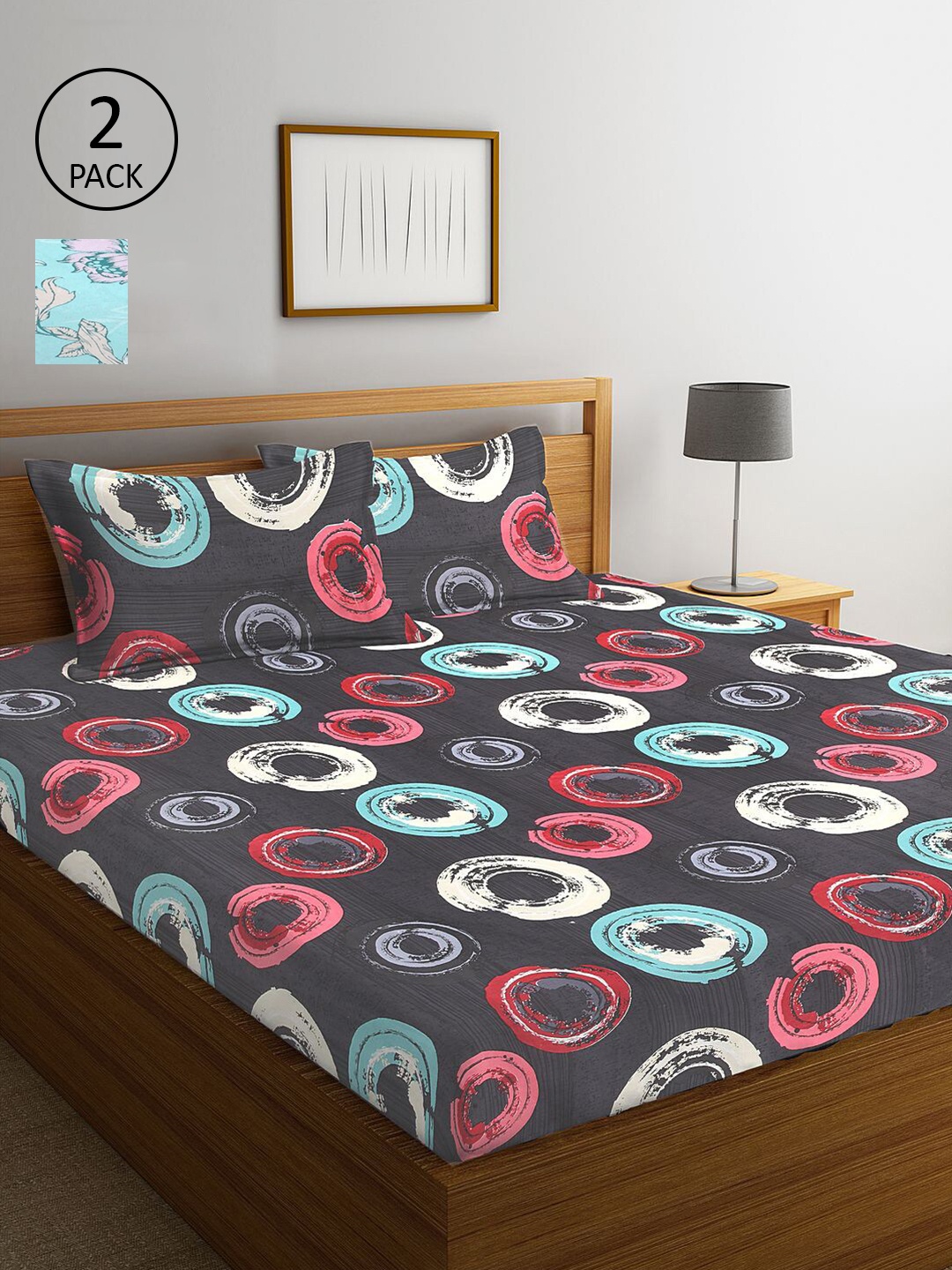 

KLOTTHE Blue & Grey Geometric 210 TC 2 King Bedsheet with 4 Pillow Covers