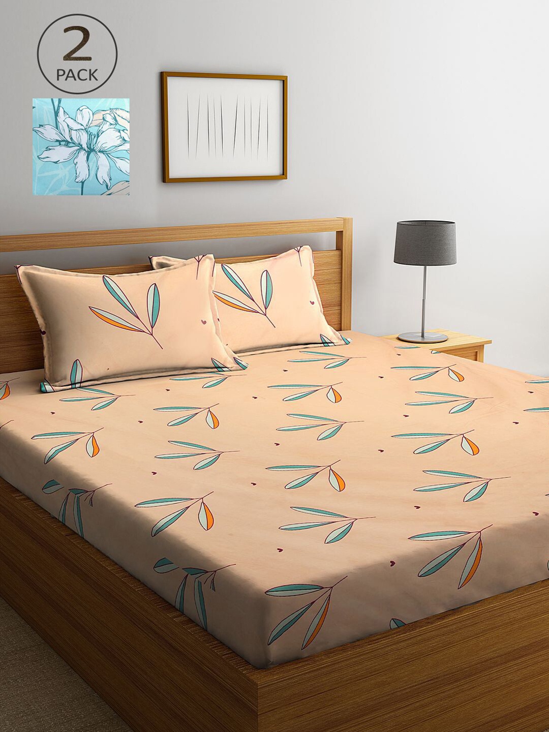 

KLOTTHE Blue & Peach-Coloured Floral 210 TC 2 King Bedsheet with 4 Pillow Covers