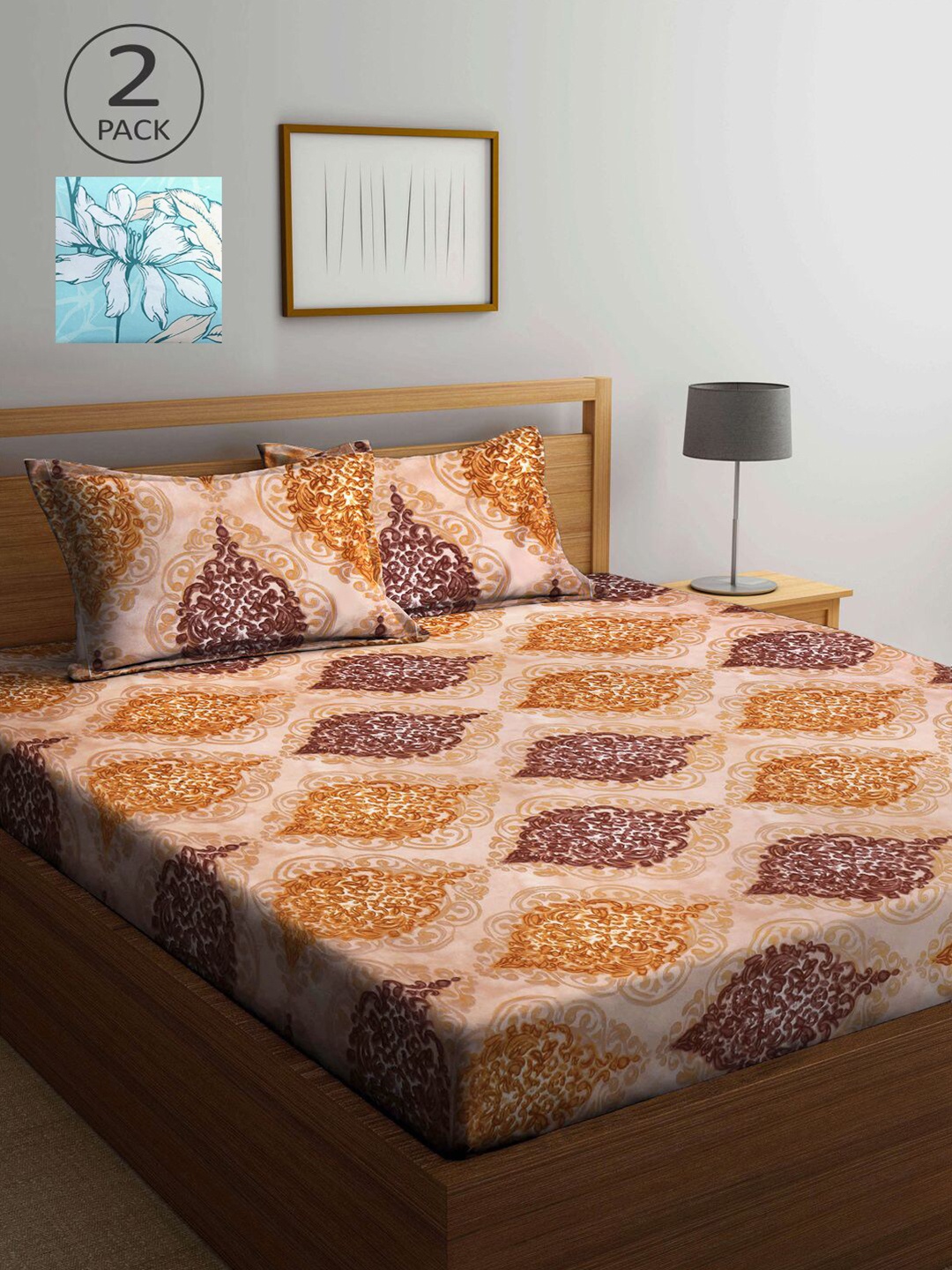 

KLOTTHE Blue & Brown Ethnic Motifs 210 TC 2 King Bedsheet with 4 Pillow Covers