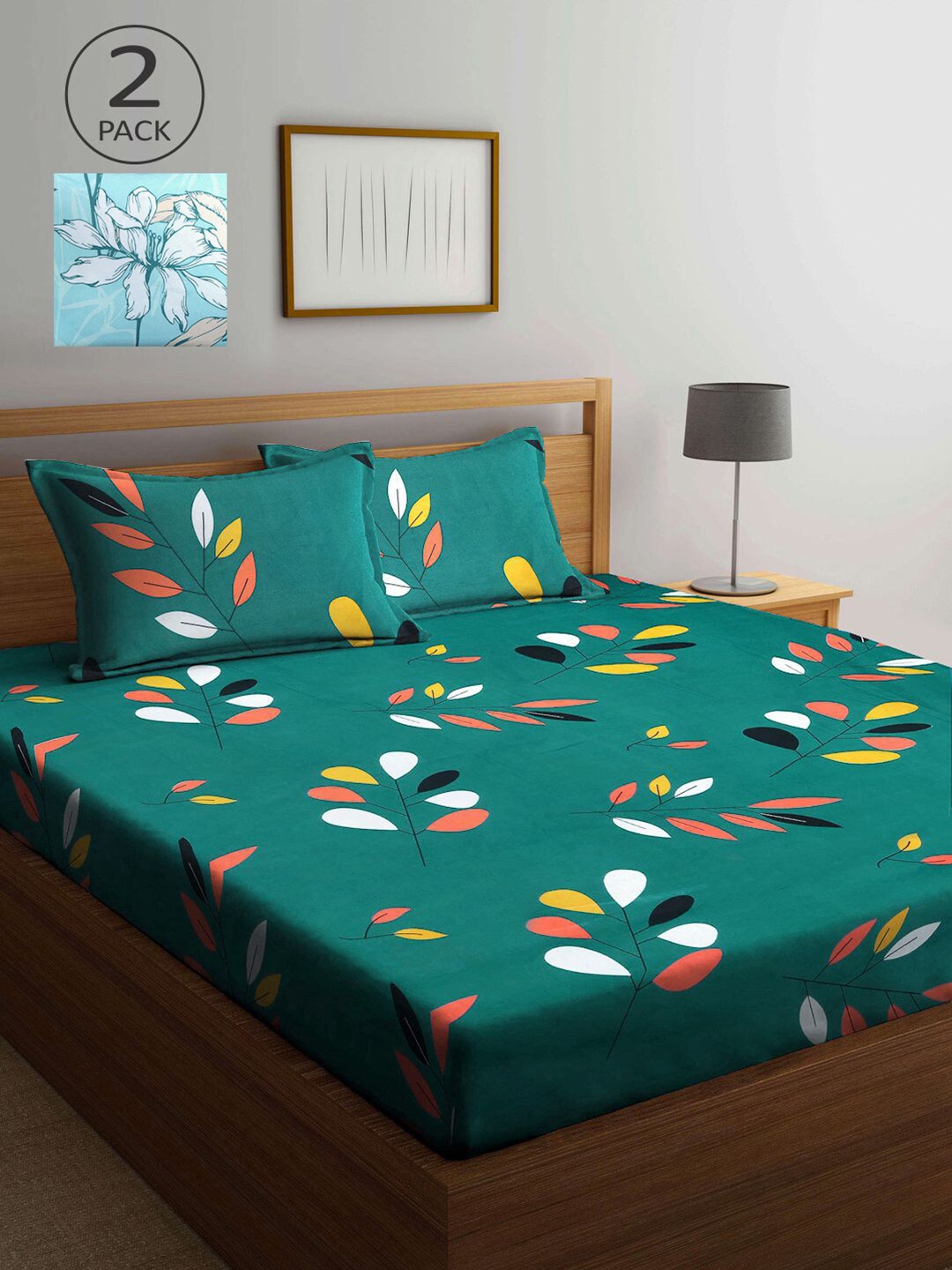 

KLOTTHE Blue & Green Floral 210 TC 2 King Bedsheet with 4 Pillow Covers