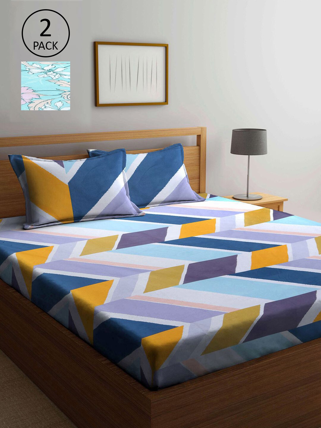

KLOTTHE Blue & Yellow Geometric 210 TC 2 King Bedsheet with 4 Pillow Covers