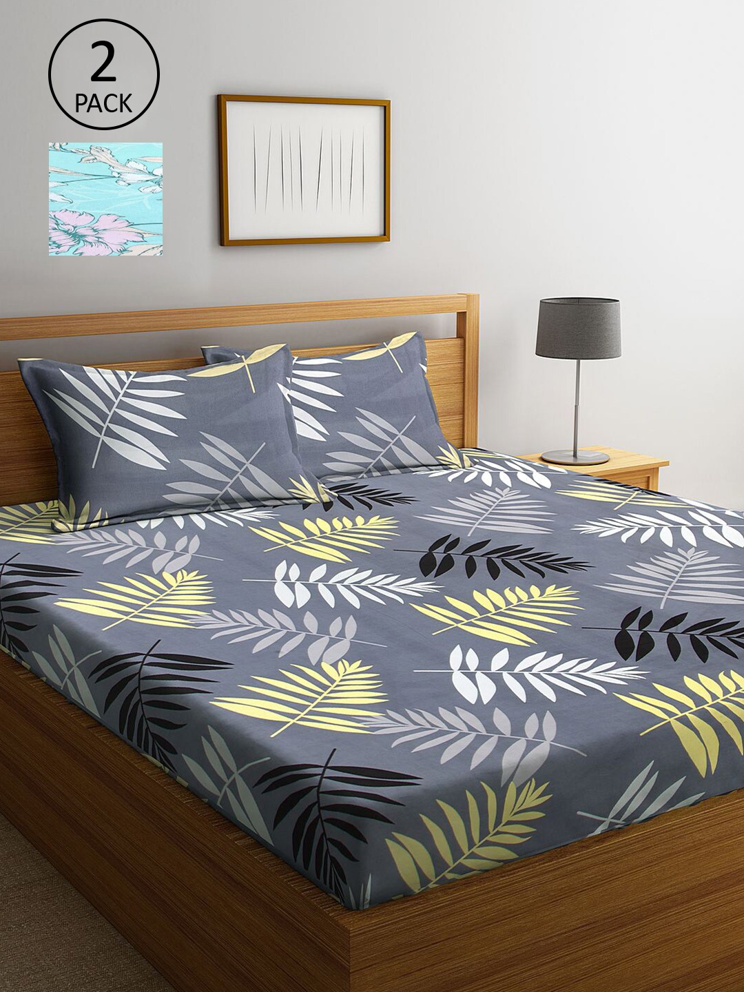 

KLOTTHE Grey & Turquoise Blue Floral 210 TC 2 King Bedsheet with 4 Pillow Covers