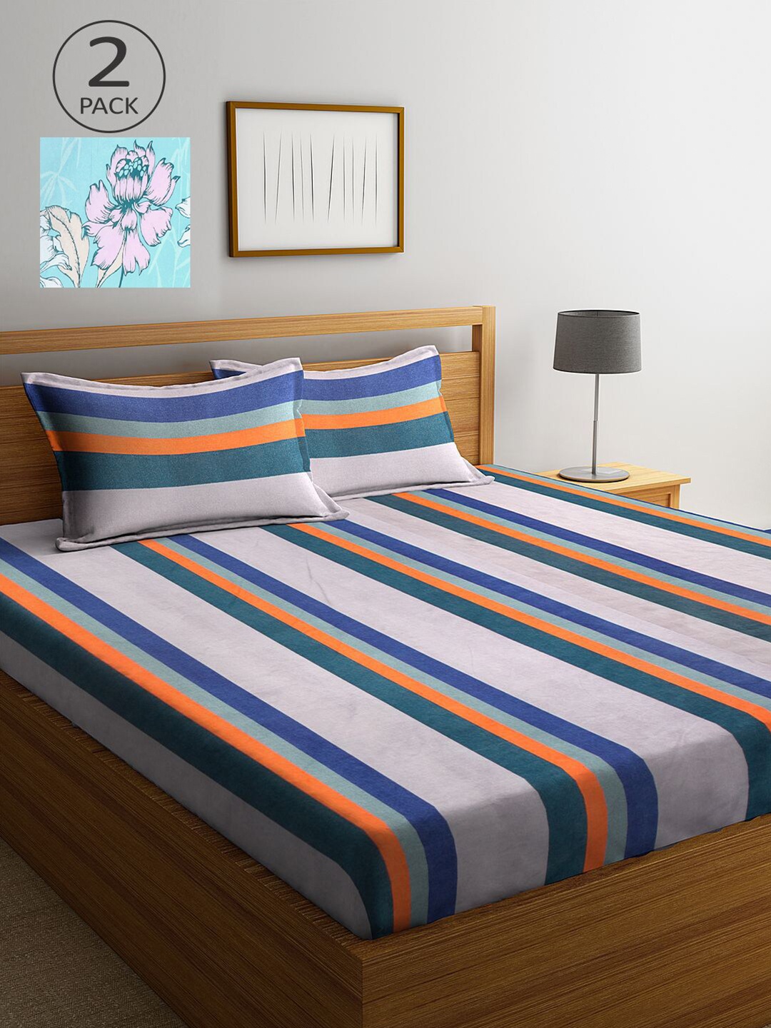 

KLOTTHE Blue & Grey Striped 210 TC 2 King Bedsheet with 4 Pillow Covers