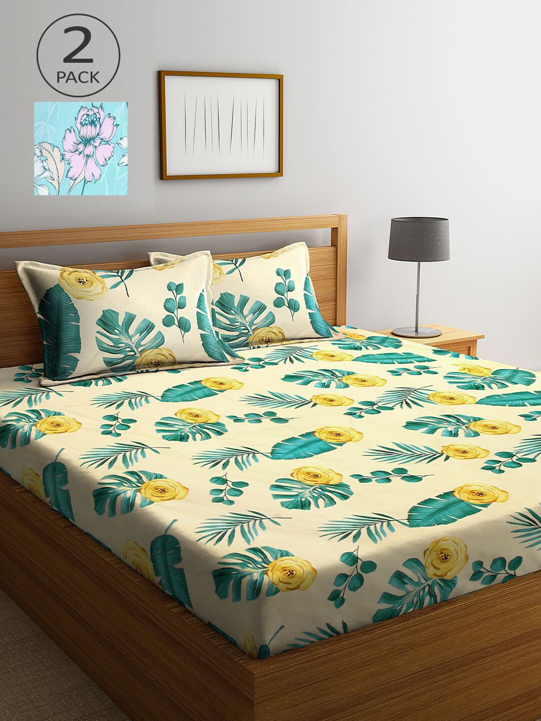 

KLOTTHE Beige & Turquoise Blue Floral 210 TC 2 King Bedsheet with 4 Pillow Covers