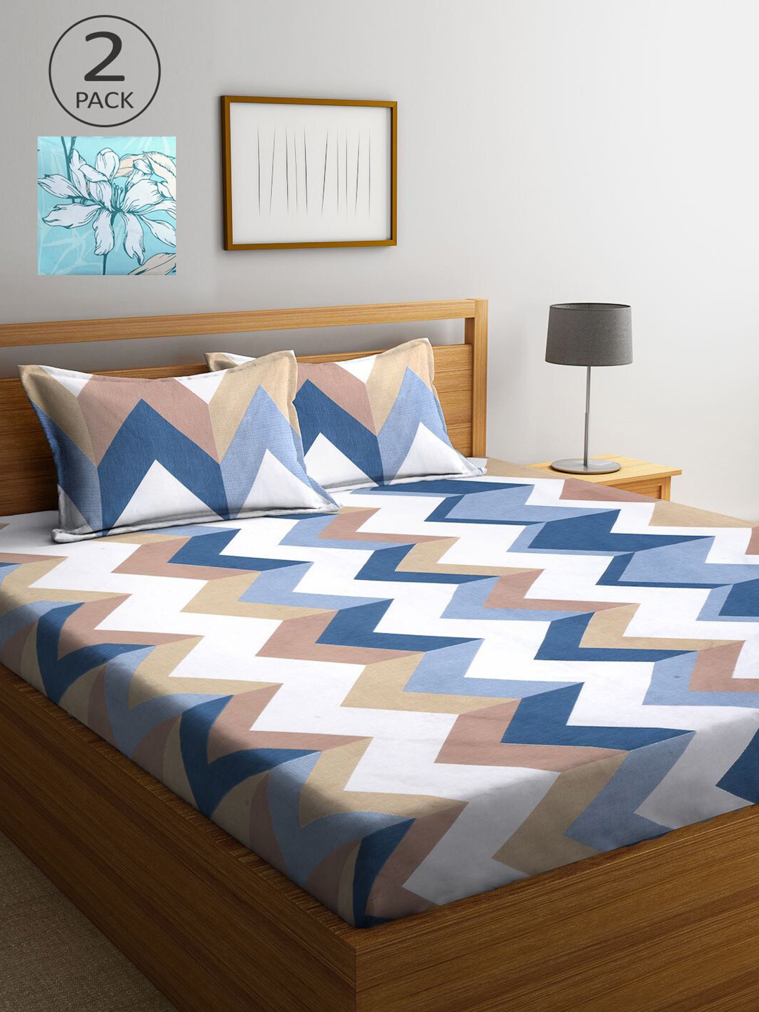 

KLOTTHE Blue & Beige Geometric 210 TC 2 King Bedsheet with 4 Pillow Covers