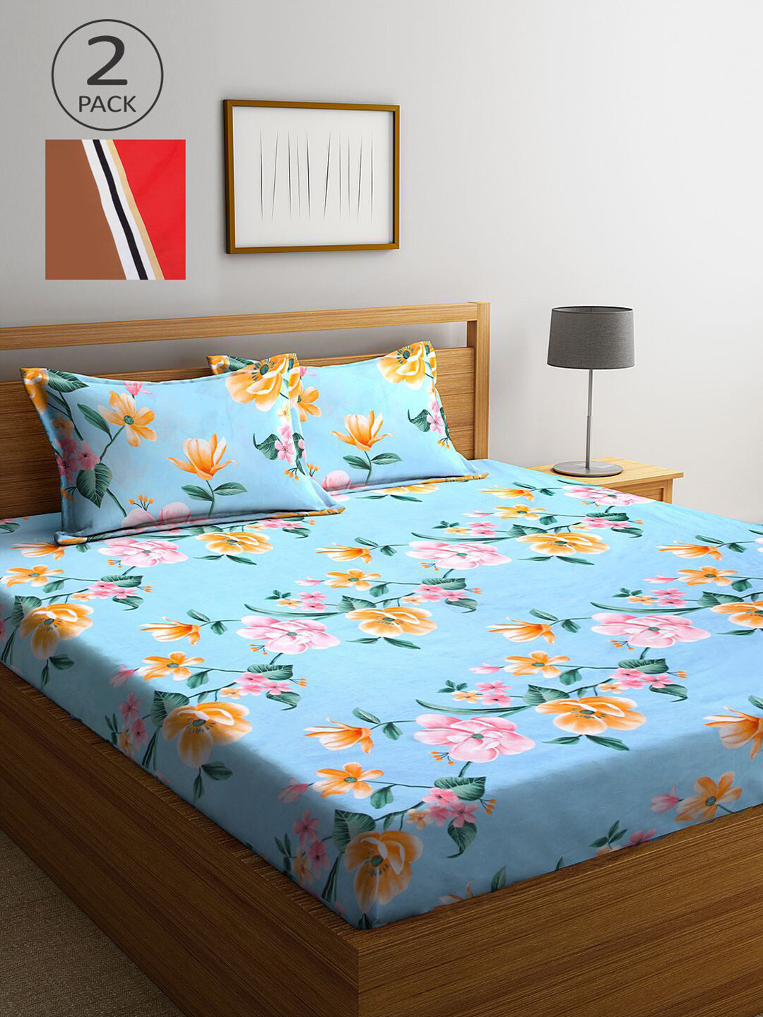 

KLOTTHE Blue & Orange Floral 210 TC 2 King Bedsheet with 4 Pillow Covers