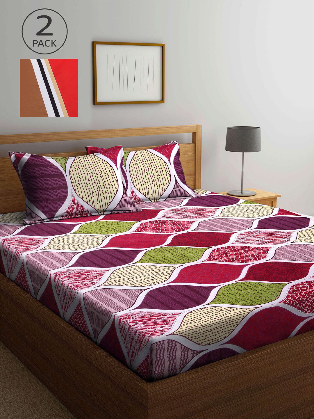 

KLOTTHE Red & Pink Geometric 210 TC 2 King Bedsheet with 4 Pillow Covers