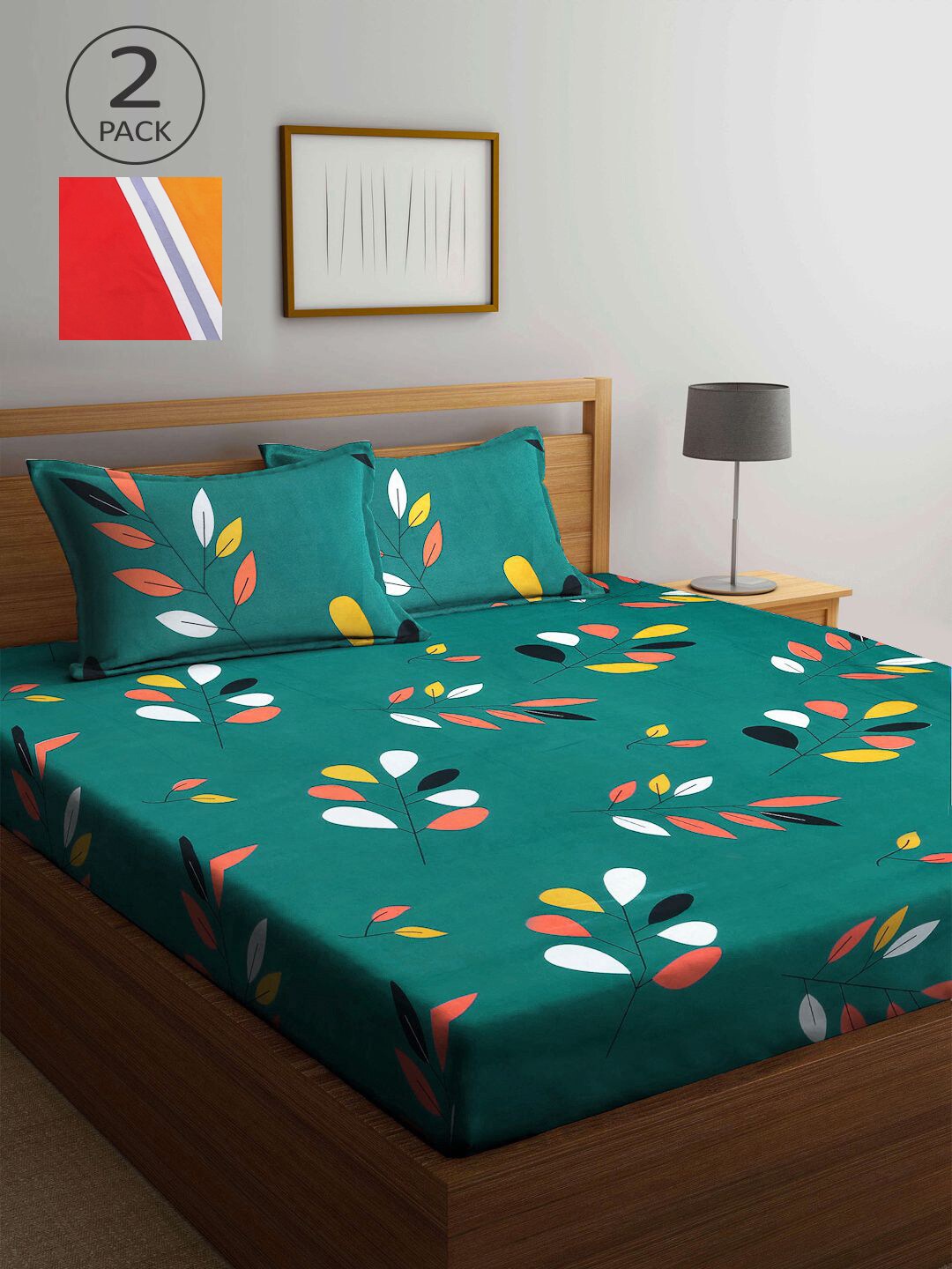 

KLOTTHE Set of 2 Green & Red Floral 210 TC King Bedsheet with 4 Pillow Covers