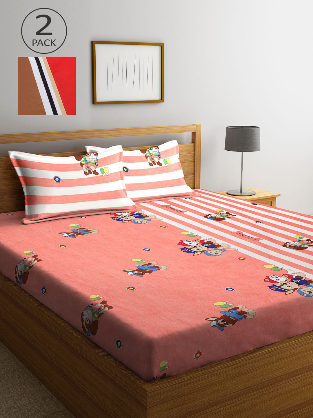 

KLOTTHE Peach-Coloured & Red Cartoon Characters 210 TC 2 King Bedsheet with 4 Pillow Covers