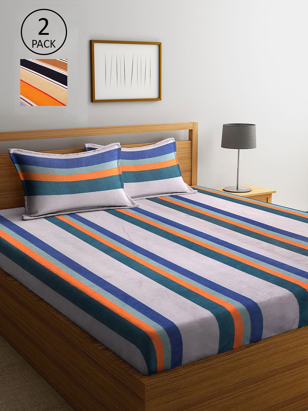 

KLOTTHE Multicoloured Striped 210 TC 2 King Bedsheet with 4 Pillow Covers, Multi