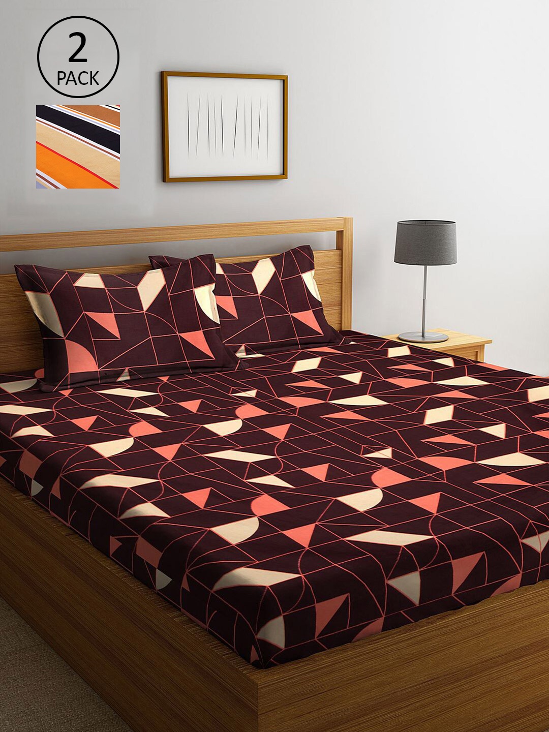 

KLOTTHE Brown & Red Geometric 210 TC 2 King Bedsheet with 4 Pillow Covers