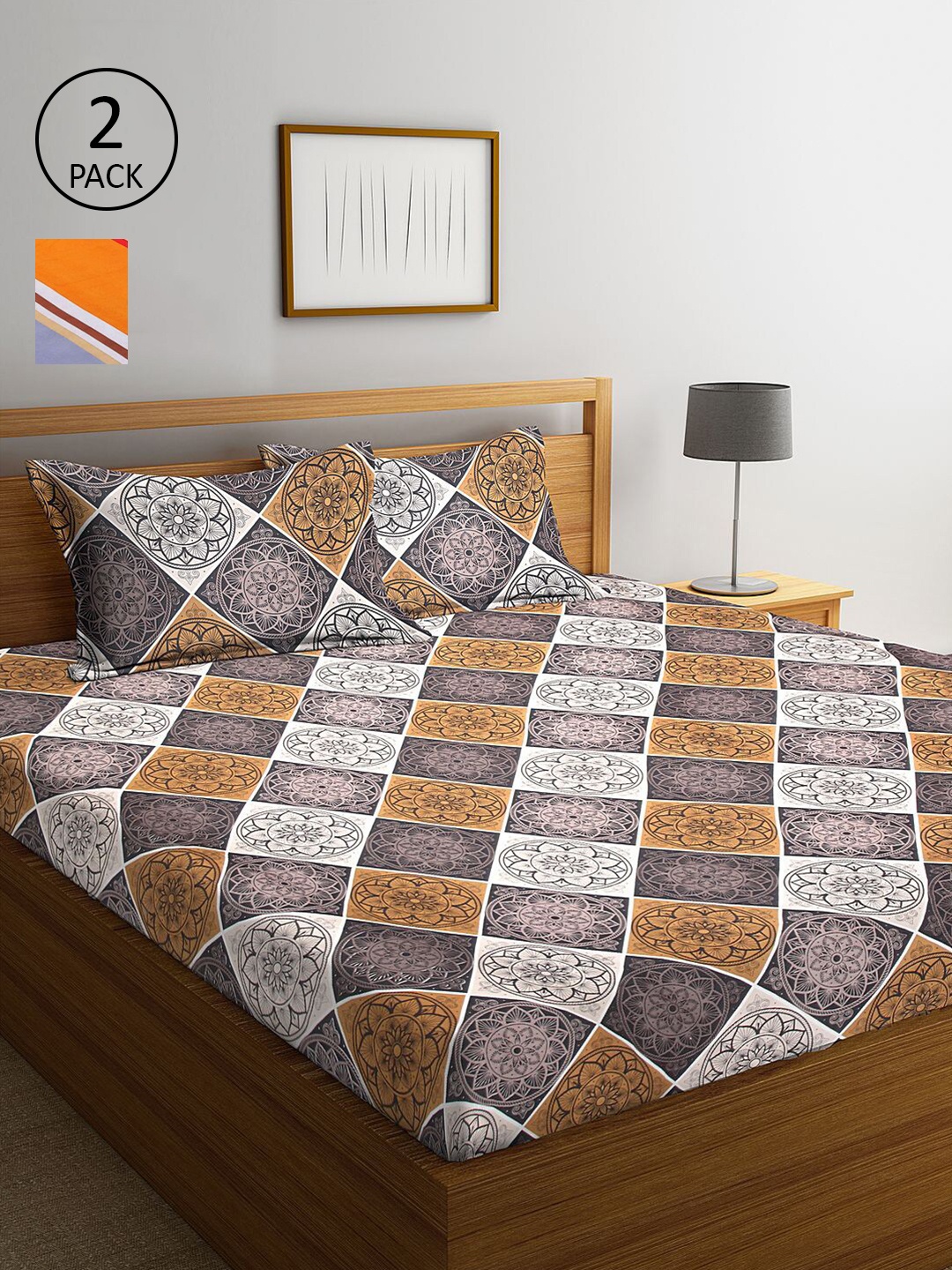 

KLOTTHE Grey & Brown Floral 210 TC 2 King Bedsheet with 4 Pillow Covers