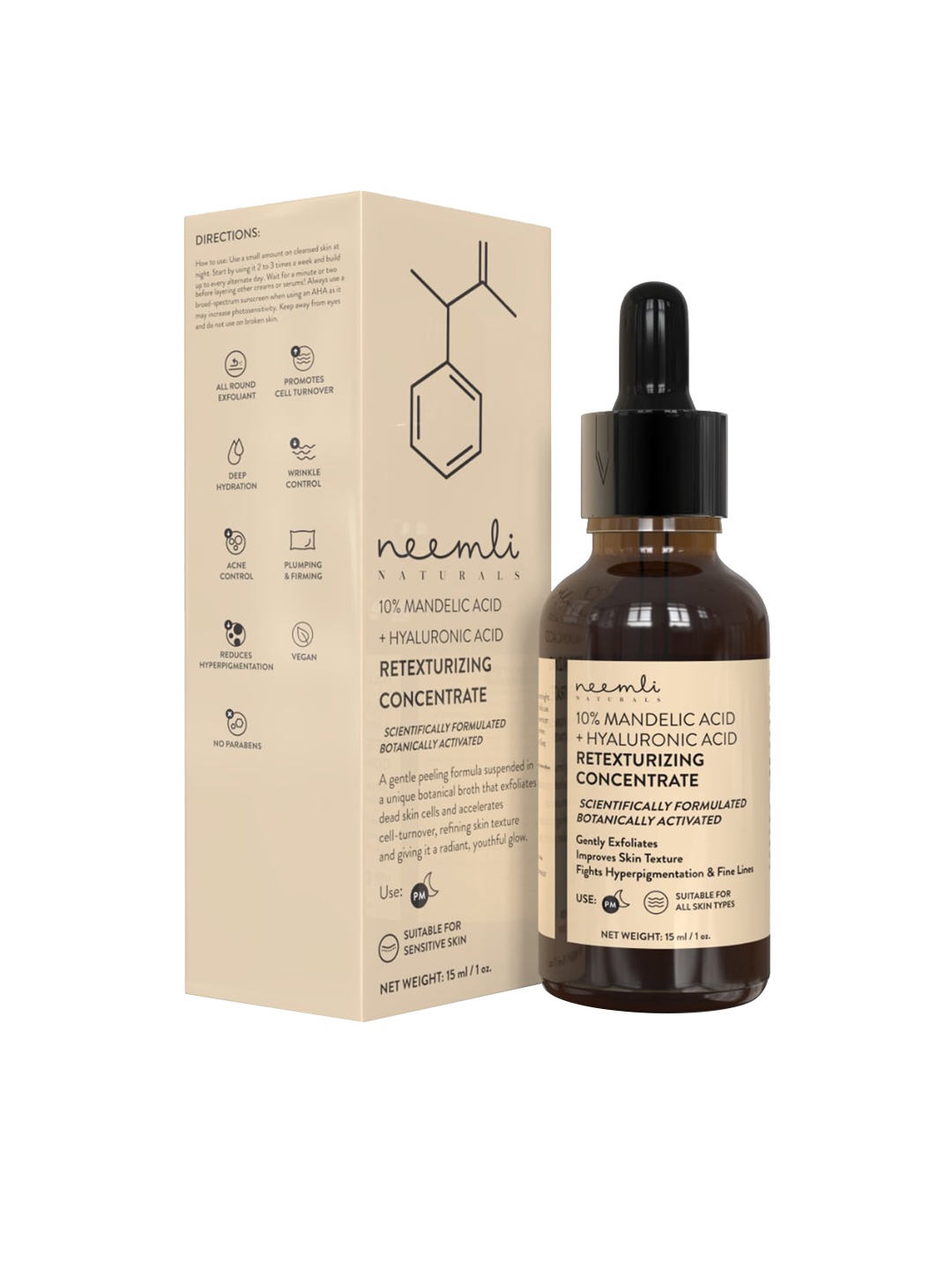 

Neemli Naturals Mandelic Acid & Hyaluronic Acid Retexturizing Concentrate Vegan Face Serum, Brown