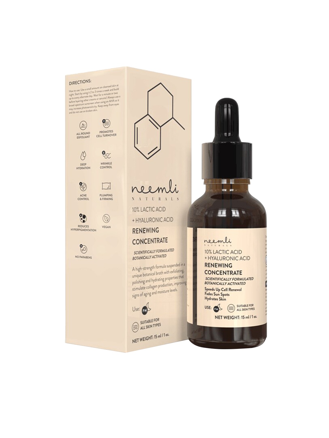 

Neemli Naturals 10% Lactic Acid + Hyaluronic Acid Renewing Concentrate Face Serum - 15 ml, Beige