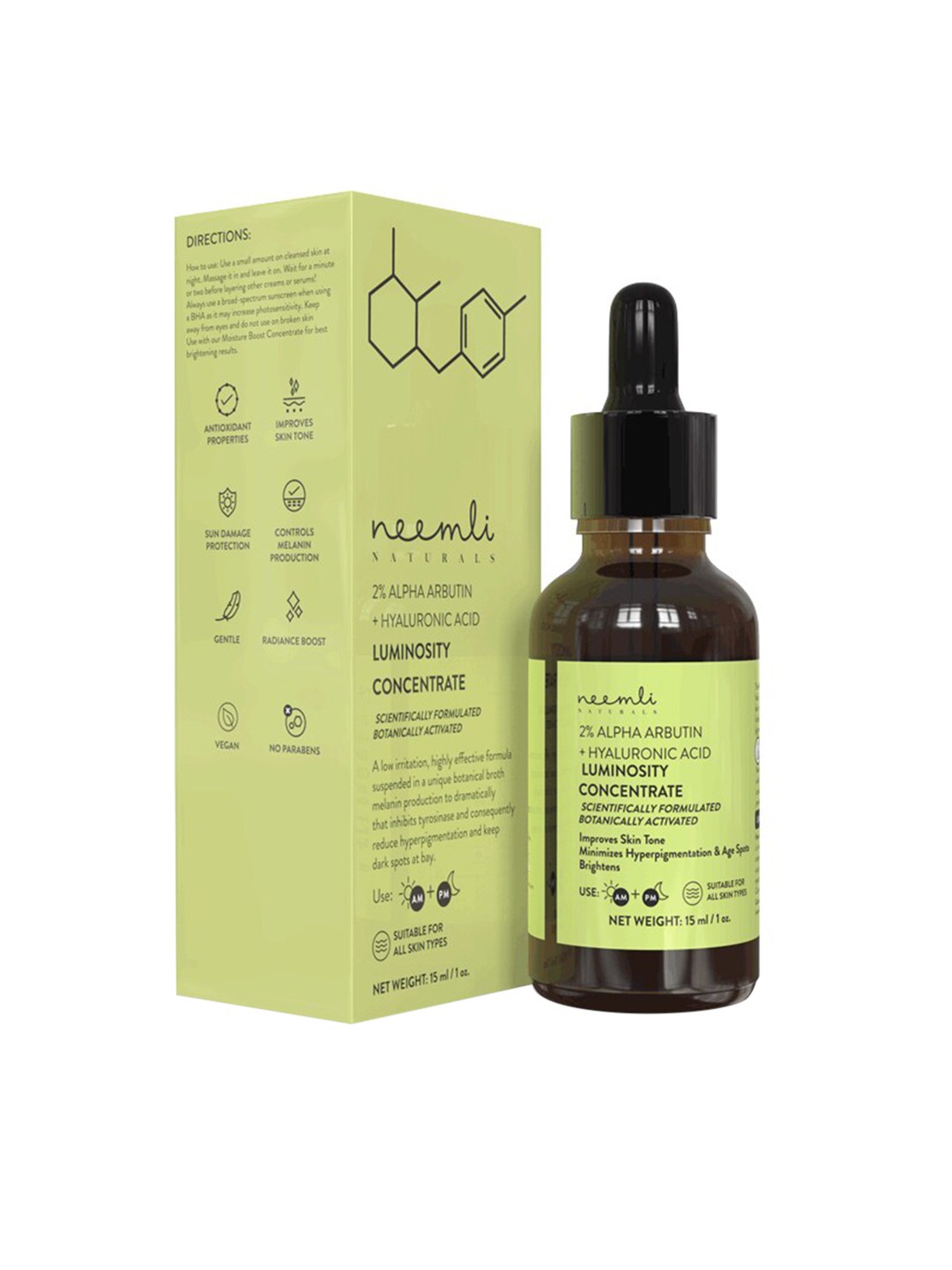 

Neemli Naturals 2% Alpha Arbutin + Hyaluronic Acid Luminosity Concentrate Face Serum- 15ml, Green