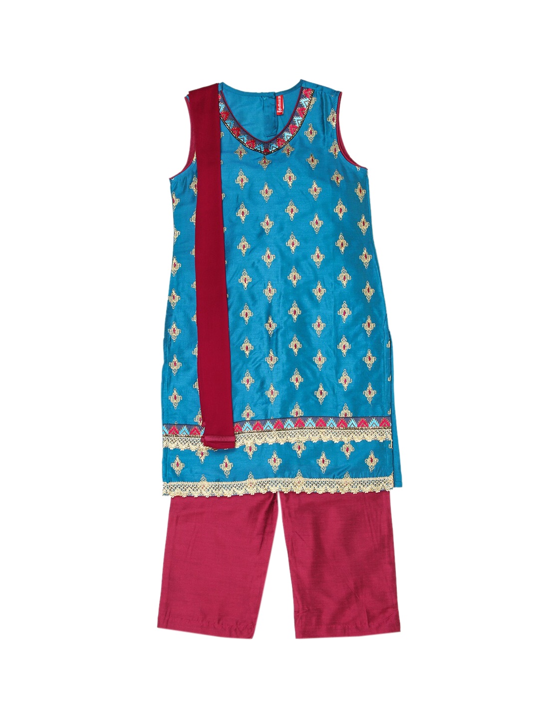 

Ethnicity Girls Blue & Fuchsia Ethnic Motifs Printed Kurta Set with Dupatta