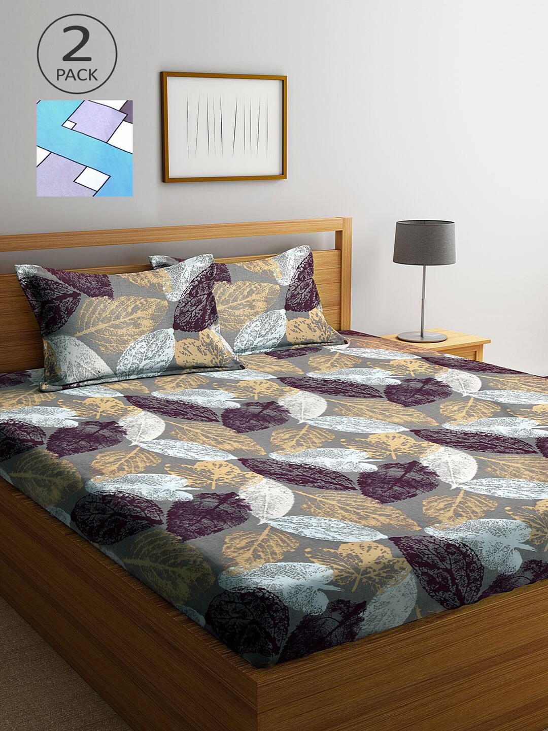 

KLOTTHE Grey & Blue Floral Cotton Blend 300 TC 2 King Bedsheet with 4 Pillow Covers