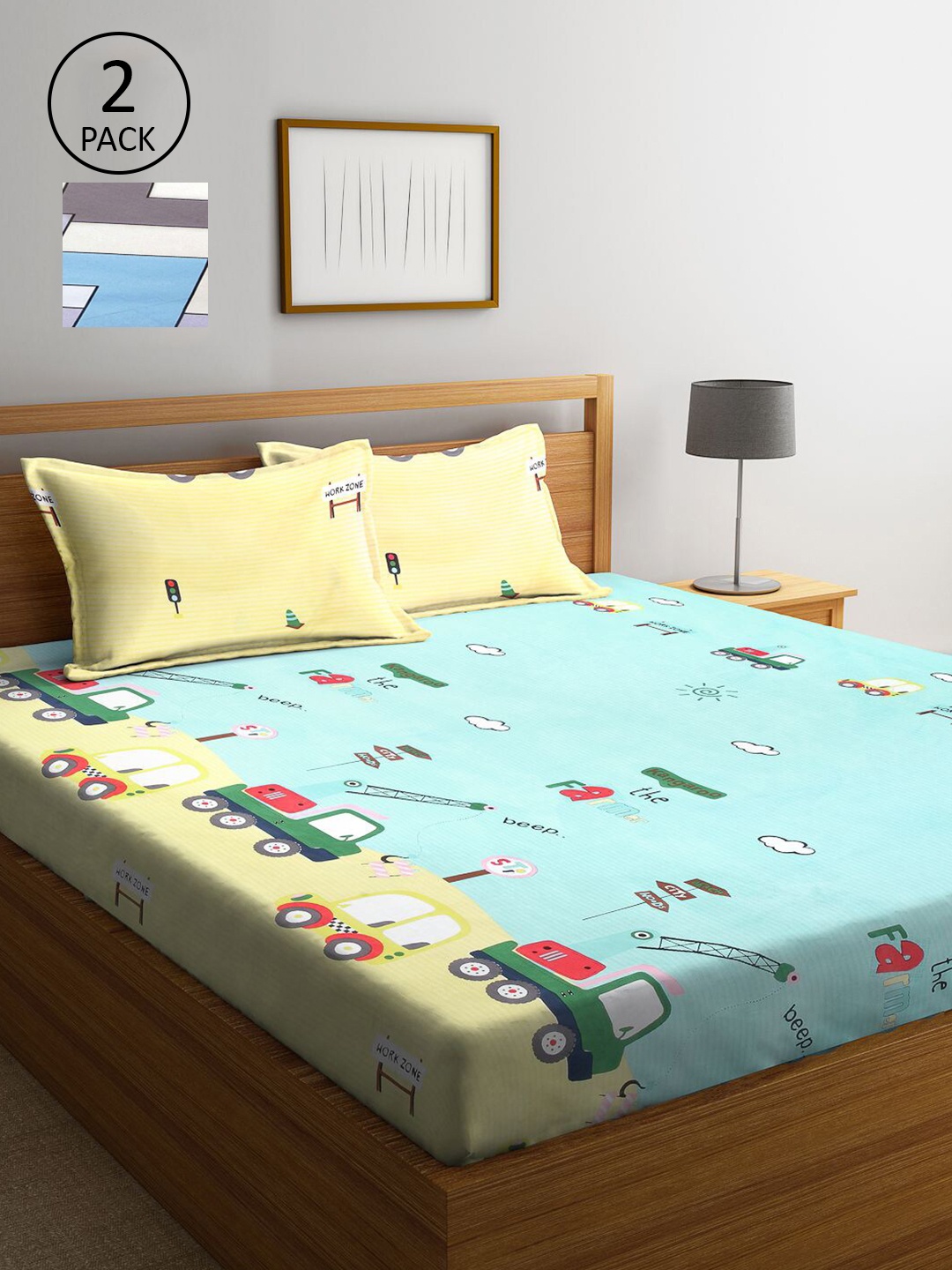

KLOTTHE Blue & Yellow Cartoon Characters 210 TC 2 King Bedsheet with 4 Pillow Covers