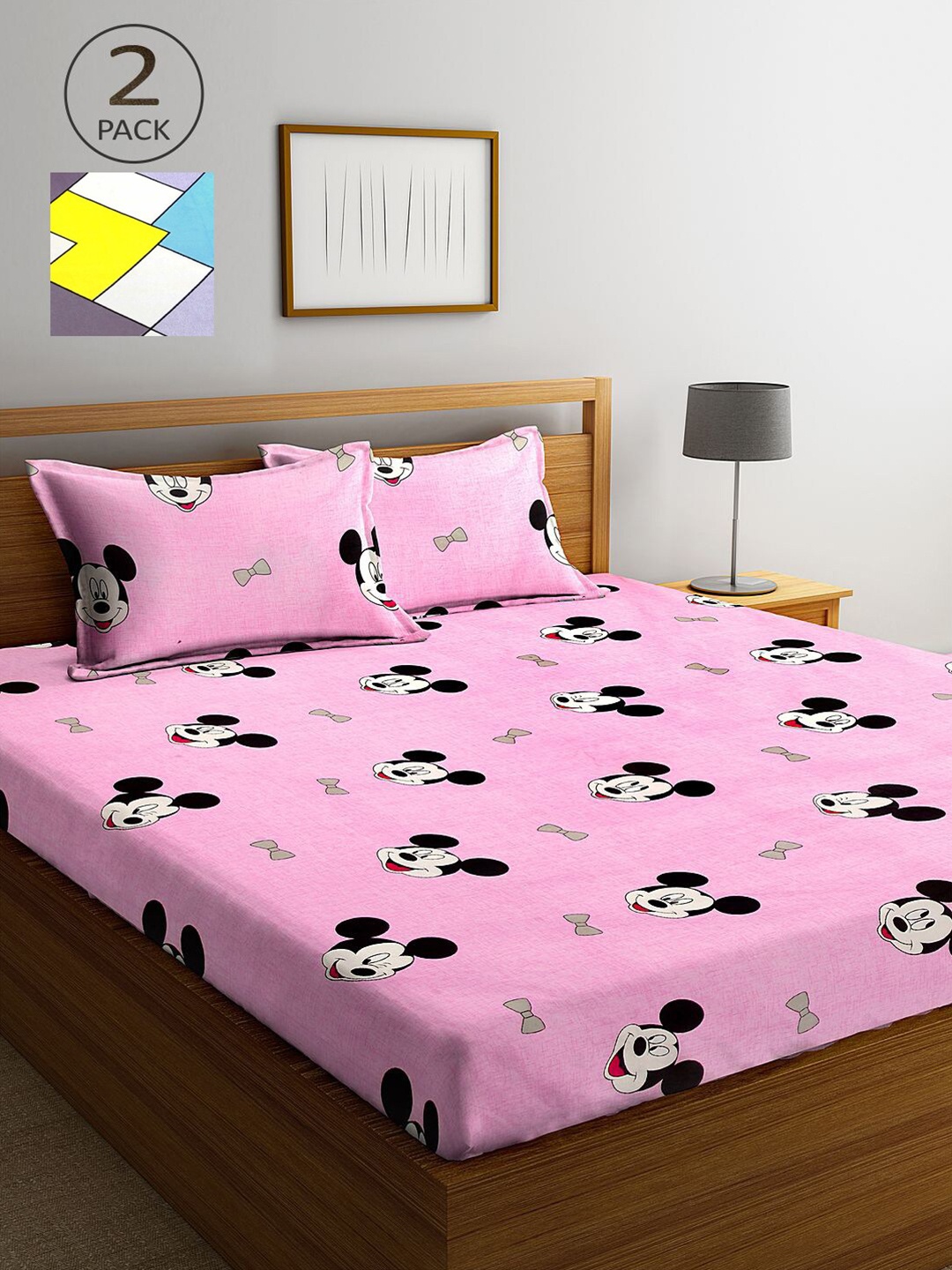 

KLOTTHE Pink & Blue Cartoon Characters 210 TC 2 King Bedsheet with 4 Pillow Covers