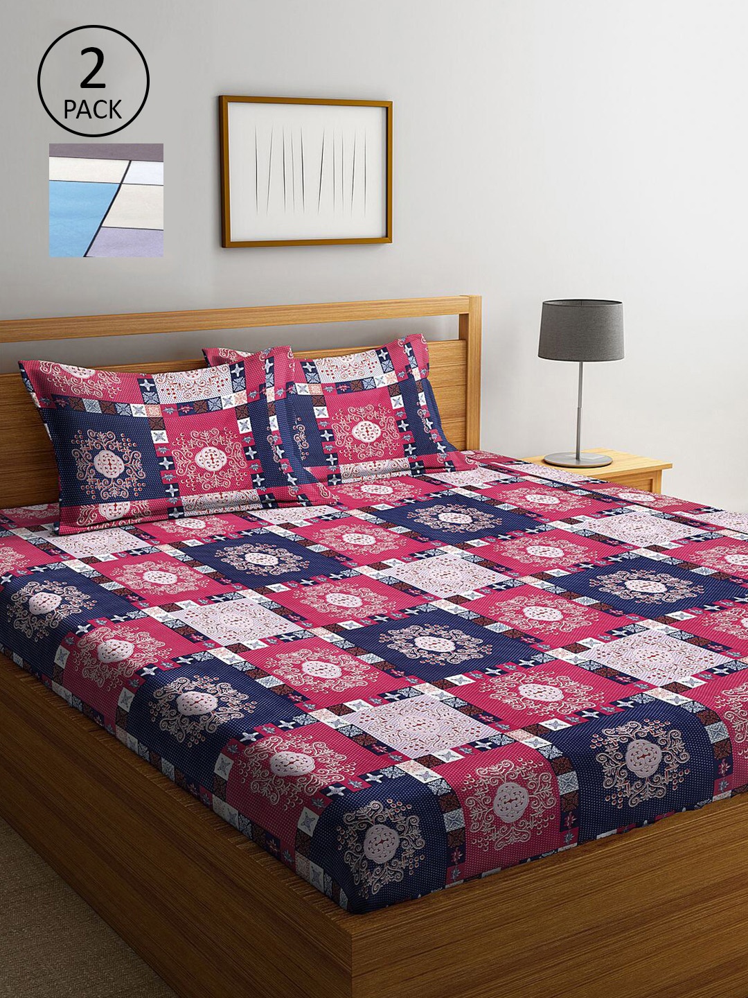 

KLOTTHE Pink & Navy Blue Geometric 210 TC 2 King Bedsheet with 4 Pillow Covers