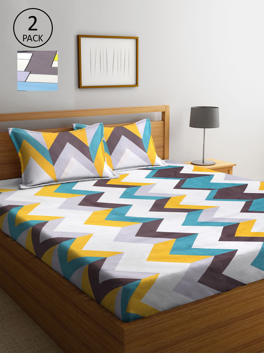 

KLOTTHE Yellow & Grey Geometric 210 TC 2 King Bedsheet with 4 Pillow Covers