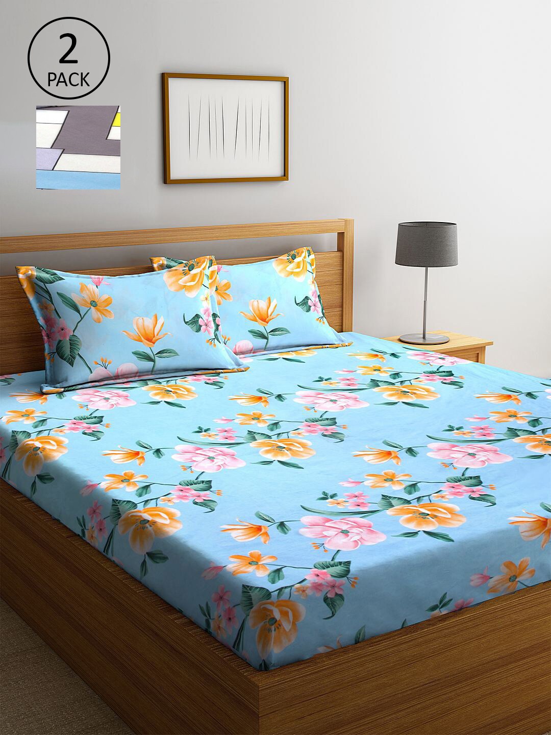 

KLOTTHE Blue & Yellow Floral 210 TC 2 King Bedsheet with 4 Pillow Covers