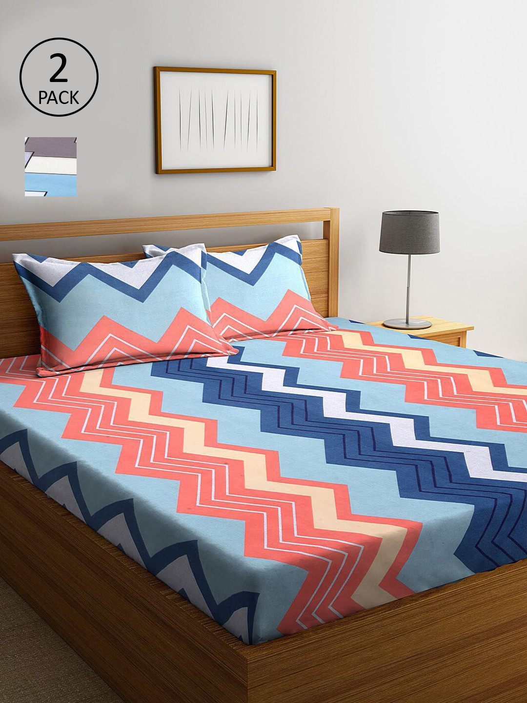 

KLOTTHE Blue & Pink Geometric 210 TC 2 King Bedsheet with 4 Pillow Covers