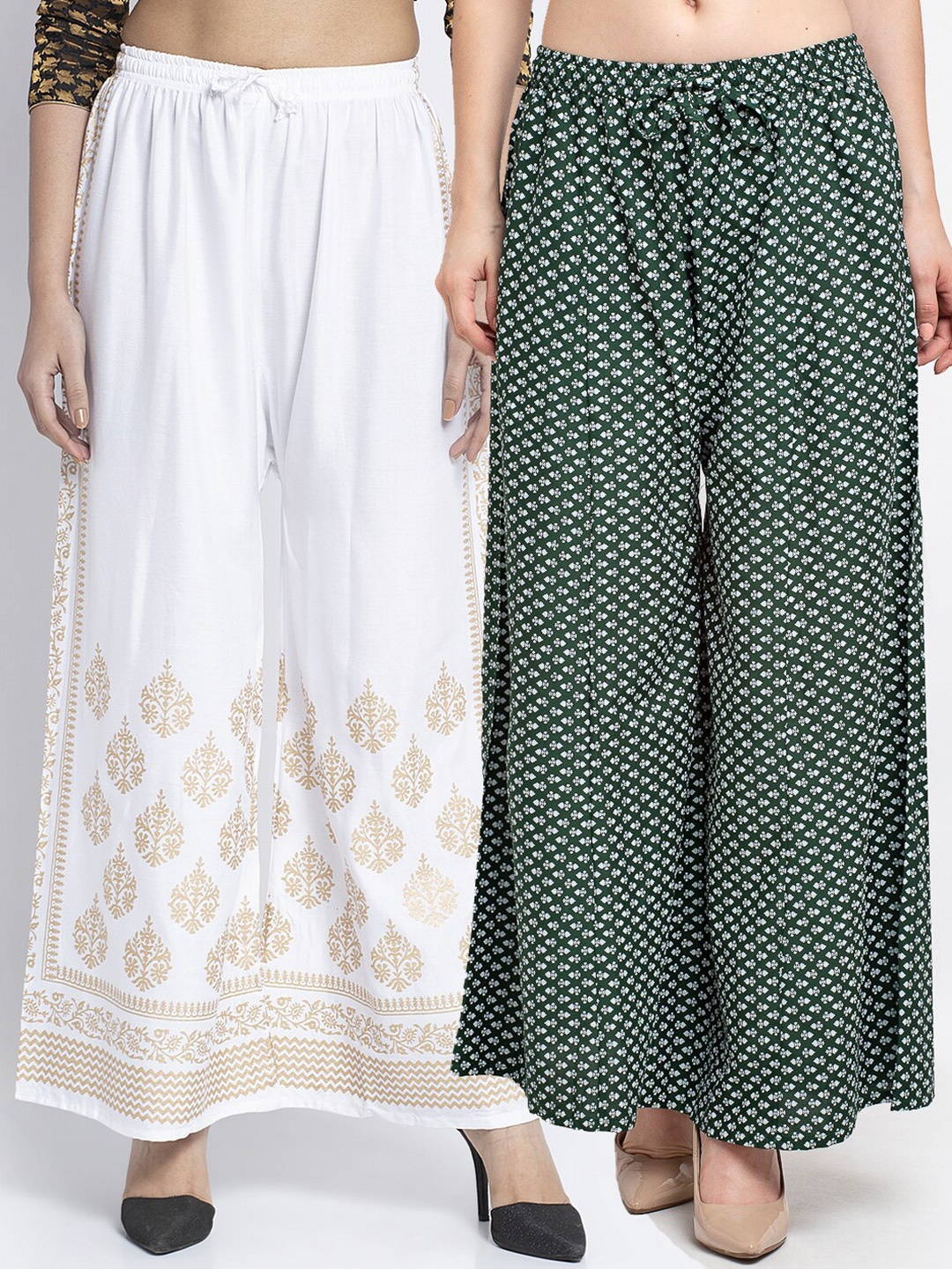 

Jinfo Women White & Green Set Of 2 Ethnic Motifs Printed Flared Knitted Ethnic Palazzos