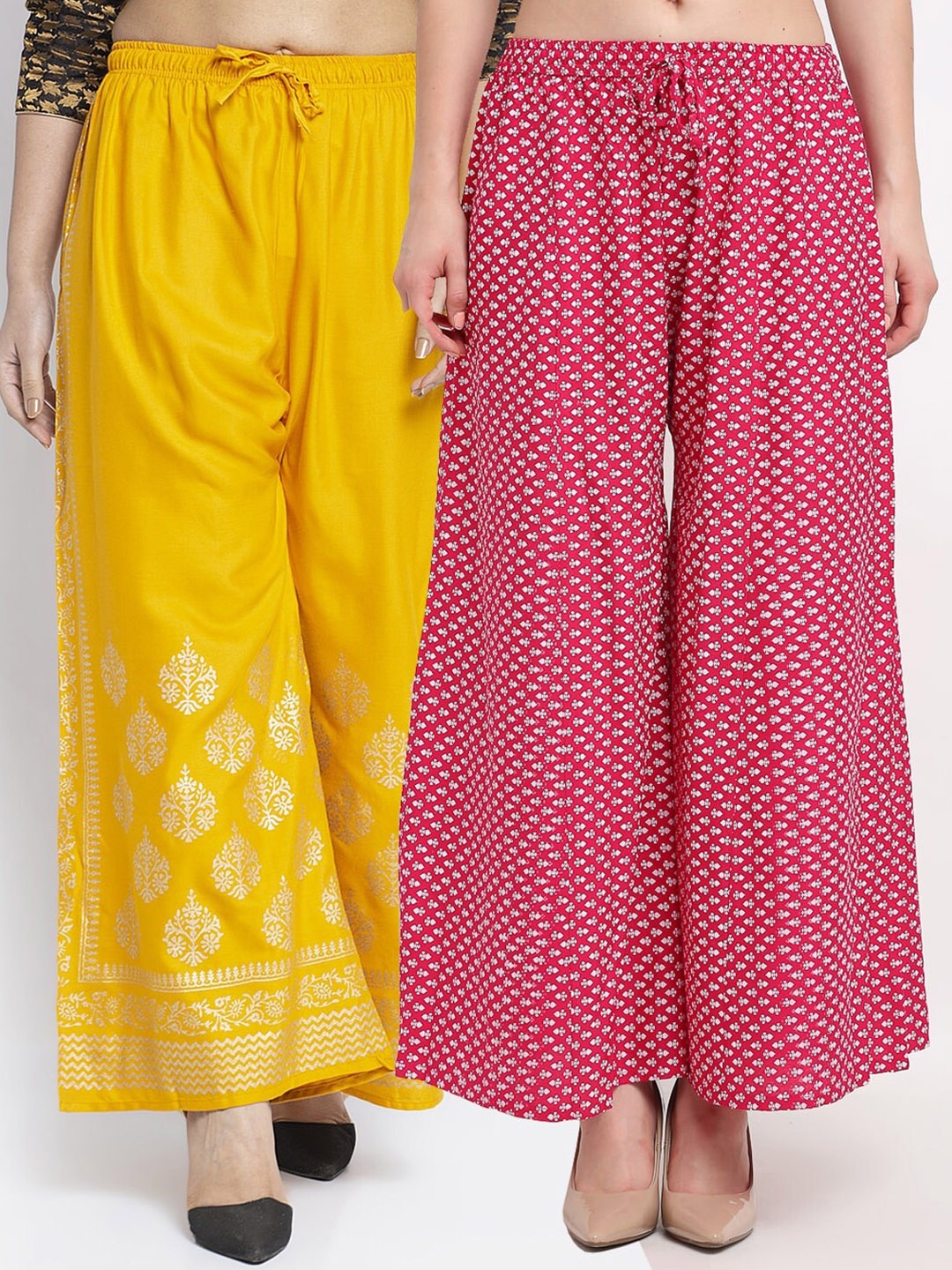 

Jinfo Women Pack Of 2 Yellow & Pink Printed Flared Knitted Ethnic Palazzos