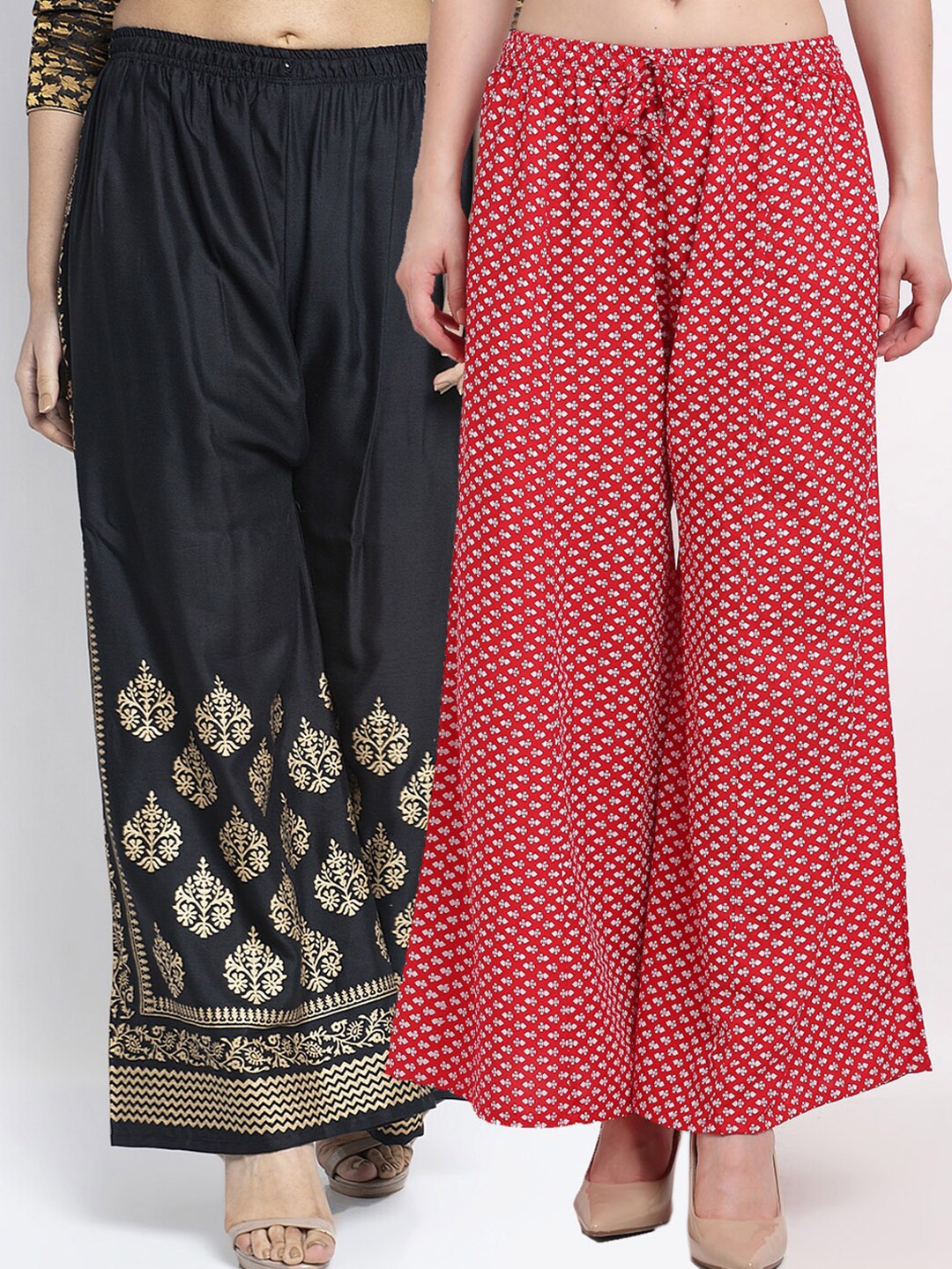 

Jinfo Women Pack of 2 Black & Red Ethnic Motifs Block Printed Ethnic Palazzos