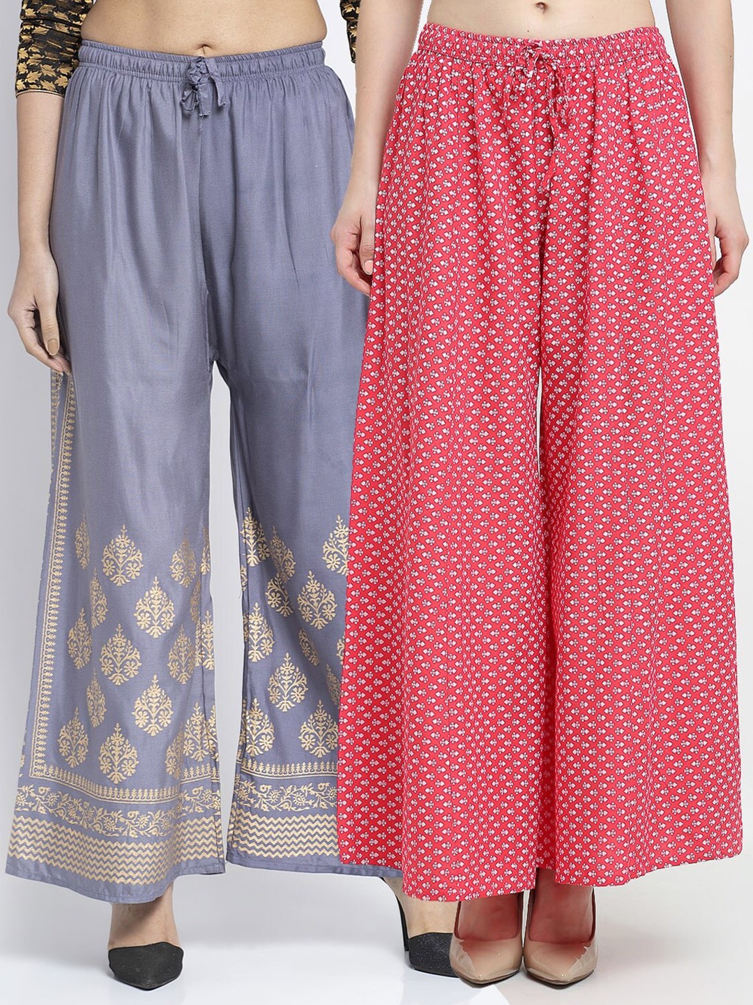 

Jinfo Women Grey & Pink Set Of 2 Printed Flared Knitted Ethnic Palazzos