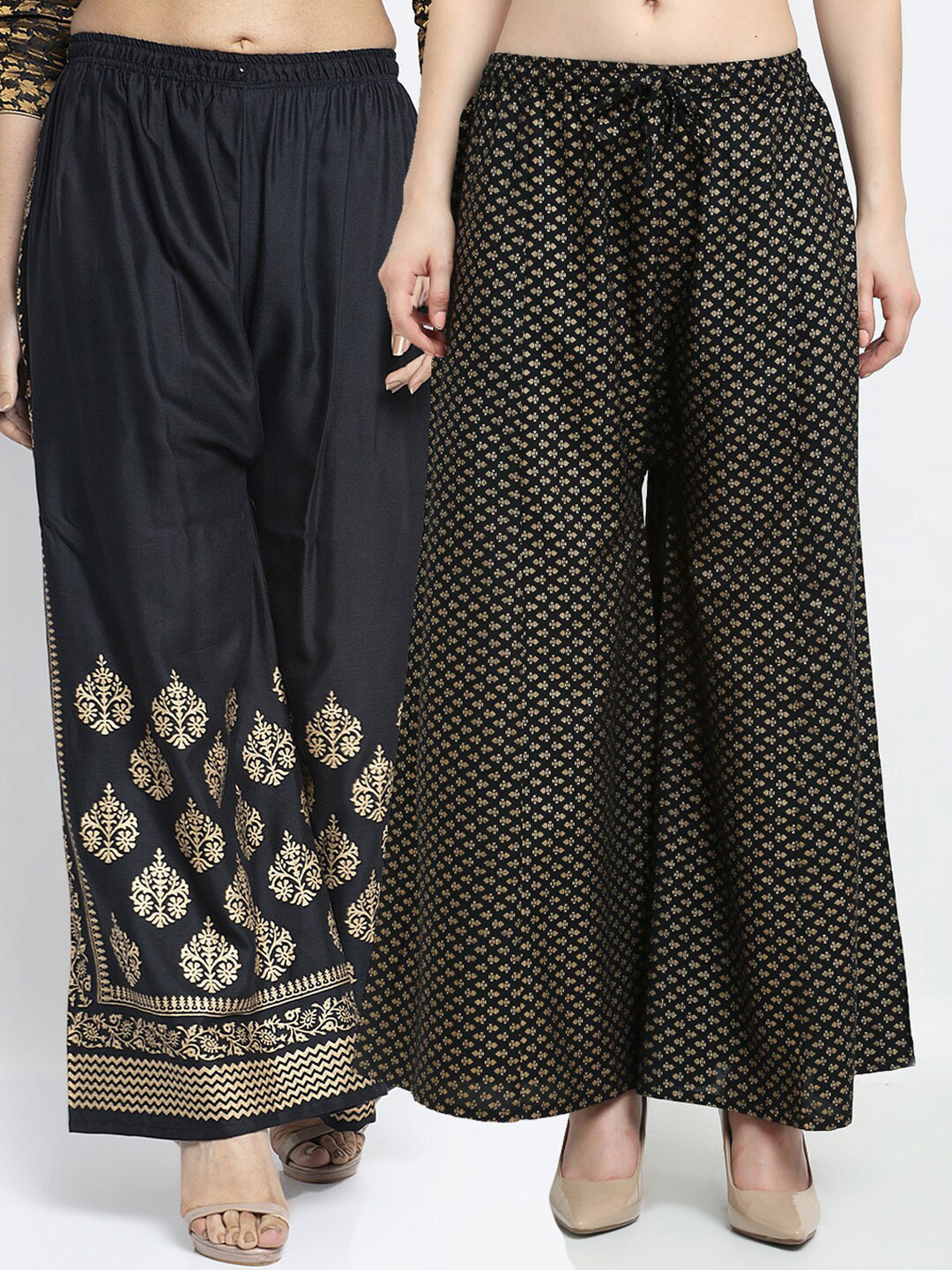 

Jinfo Women Black & Gold-Toned Set of 2 Ethnic Motifs Printed Flared Ethnic Palazzos