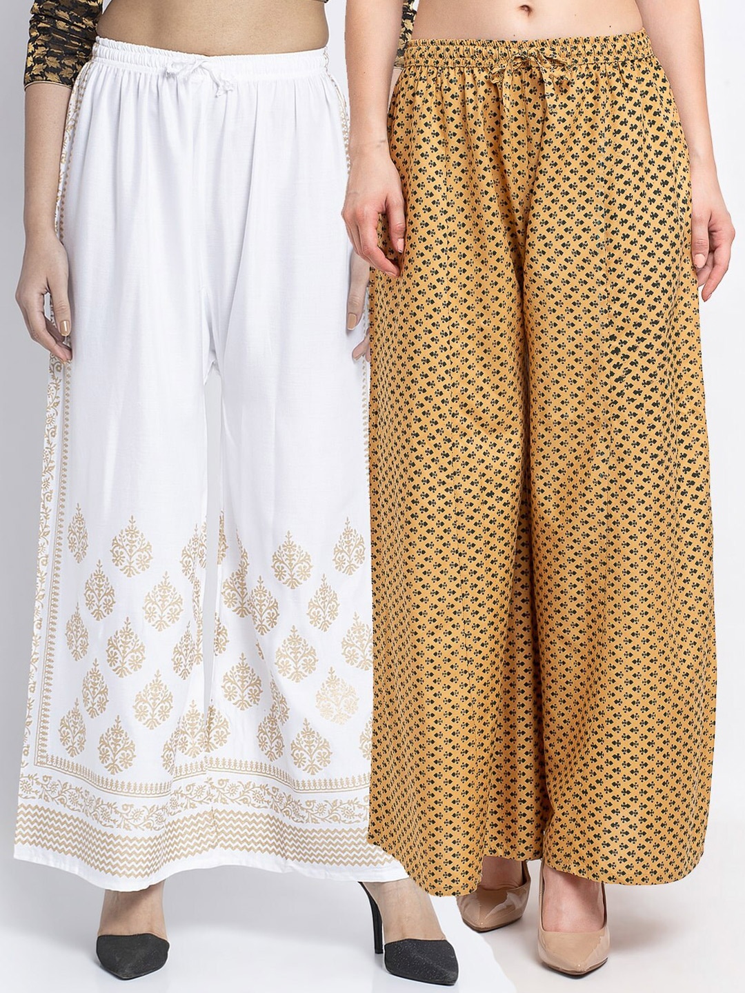 

Jinfo Women White & Beige Set Of 2 Ethnic Motifs Printed Flared Knitted Ethnic Palazzos