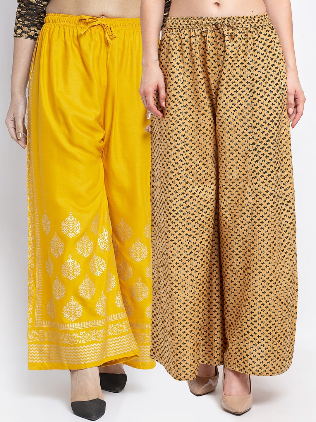 

Jinfo Women Yellow & Beige Set Of 2 Ethnic Motifs Block Printed Flared Ethnic Palazzos
