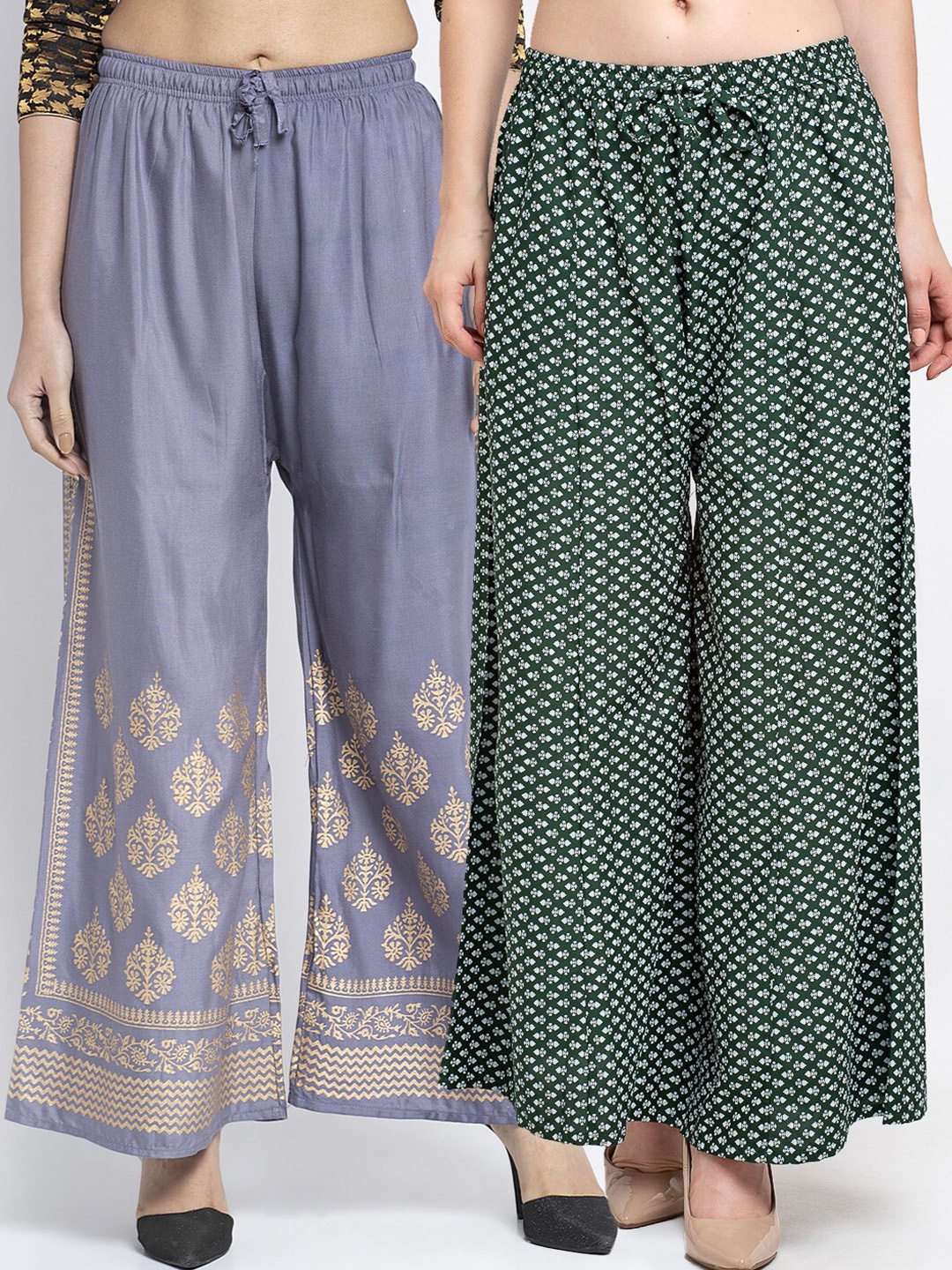 

Jinfo Women Pack Of 2 Grey & Green Ethnic Motifs Printed Flared Knitted Ethnic Palazzos