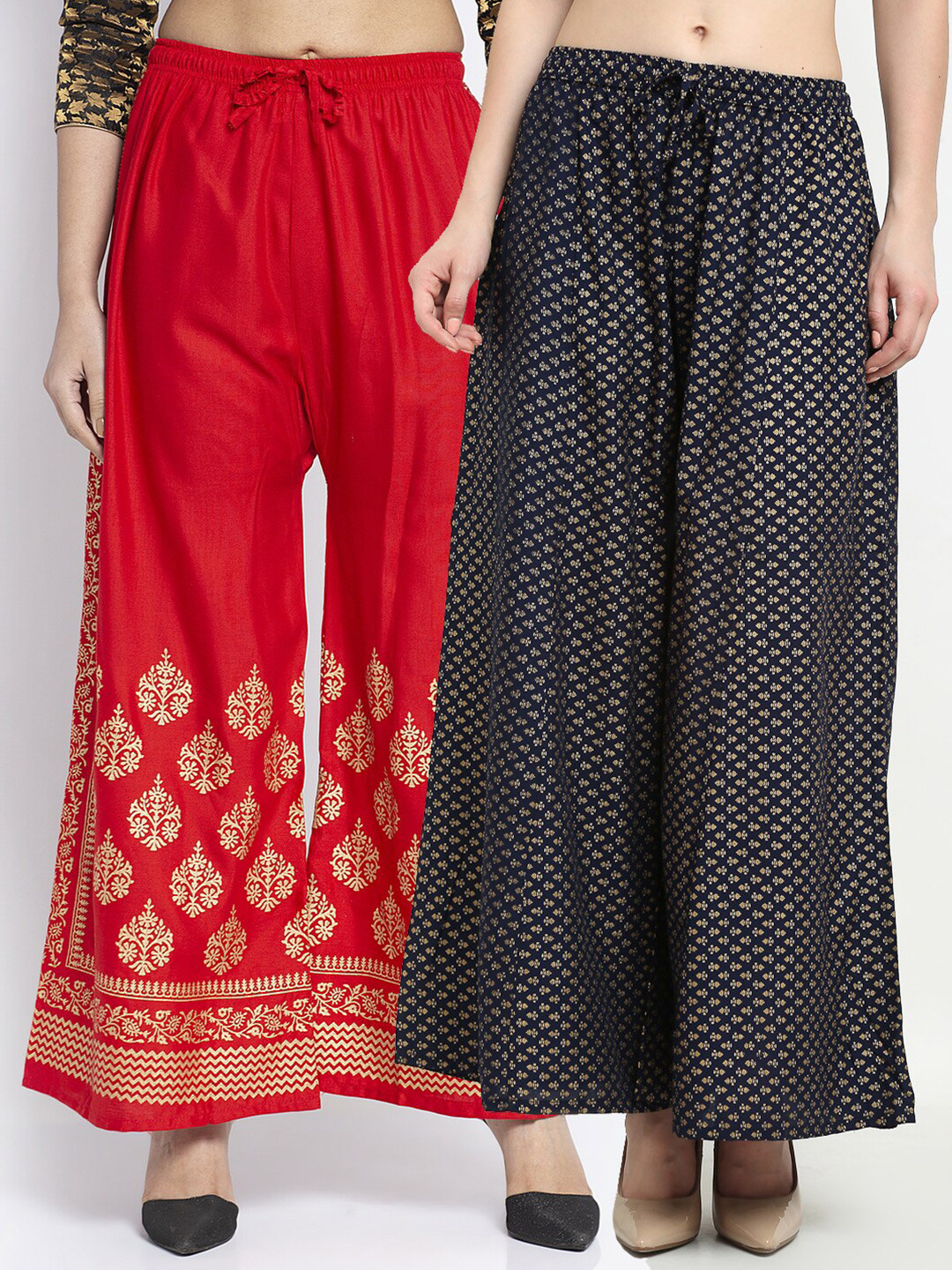 

Jinfo Women Pack Of 2 Red & Navy Blue Ethnic Motifs Printed Flared Knitted Ethnic Palazzos