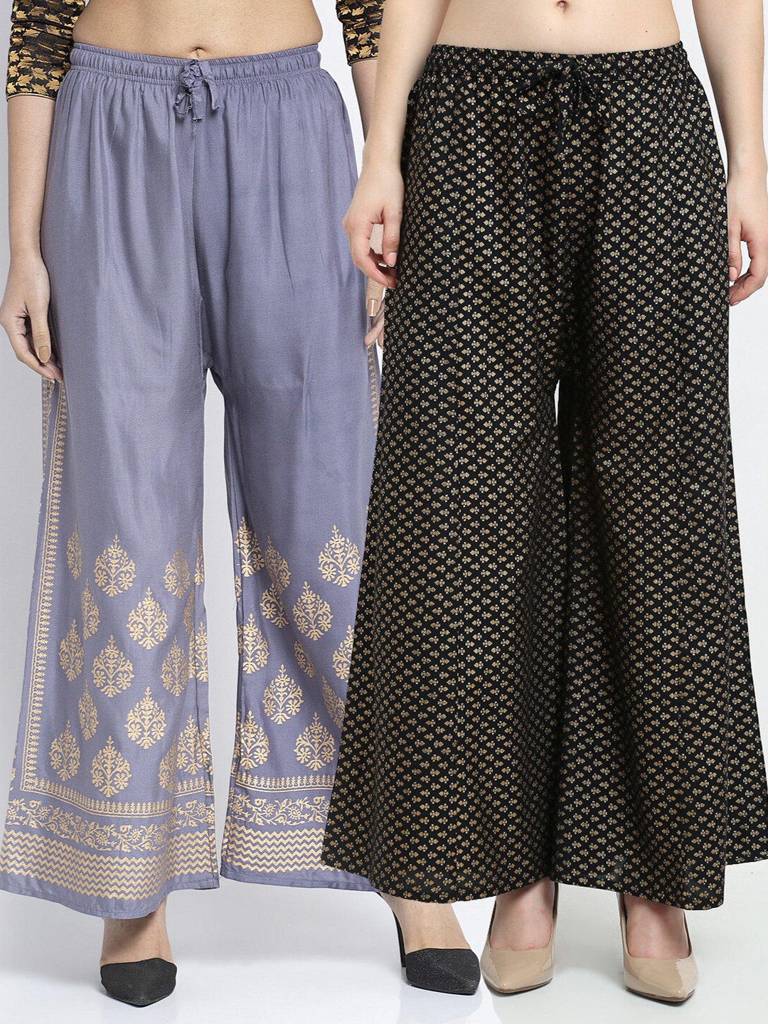

Jinfo Women Pack of 2 Grey & Black Ethnic Motifs Block Printed Ethnic Palazzos