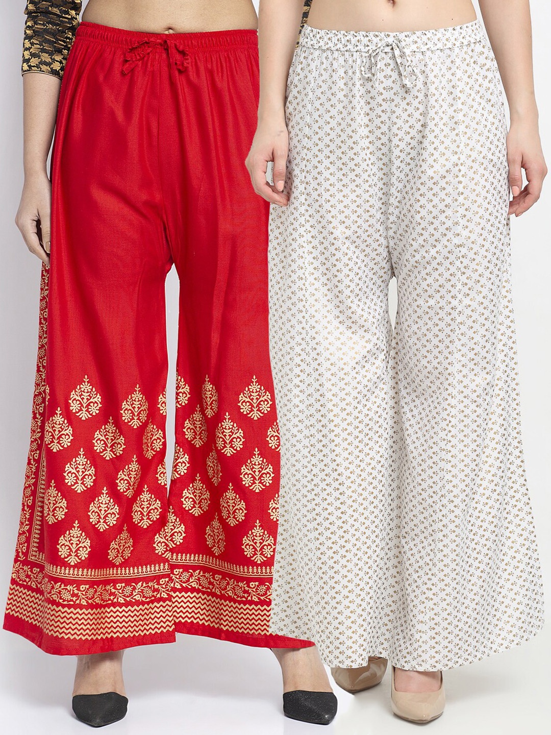 

Jinfo Women Red & White 2 Ethnic Motifs Printed Flared Knitted Ethnic Palazzos