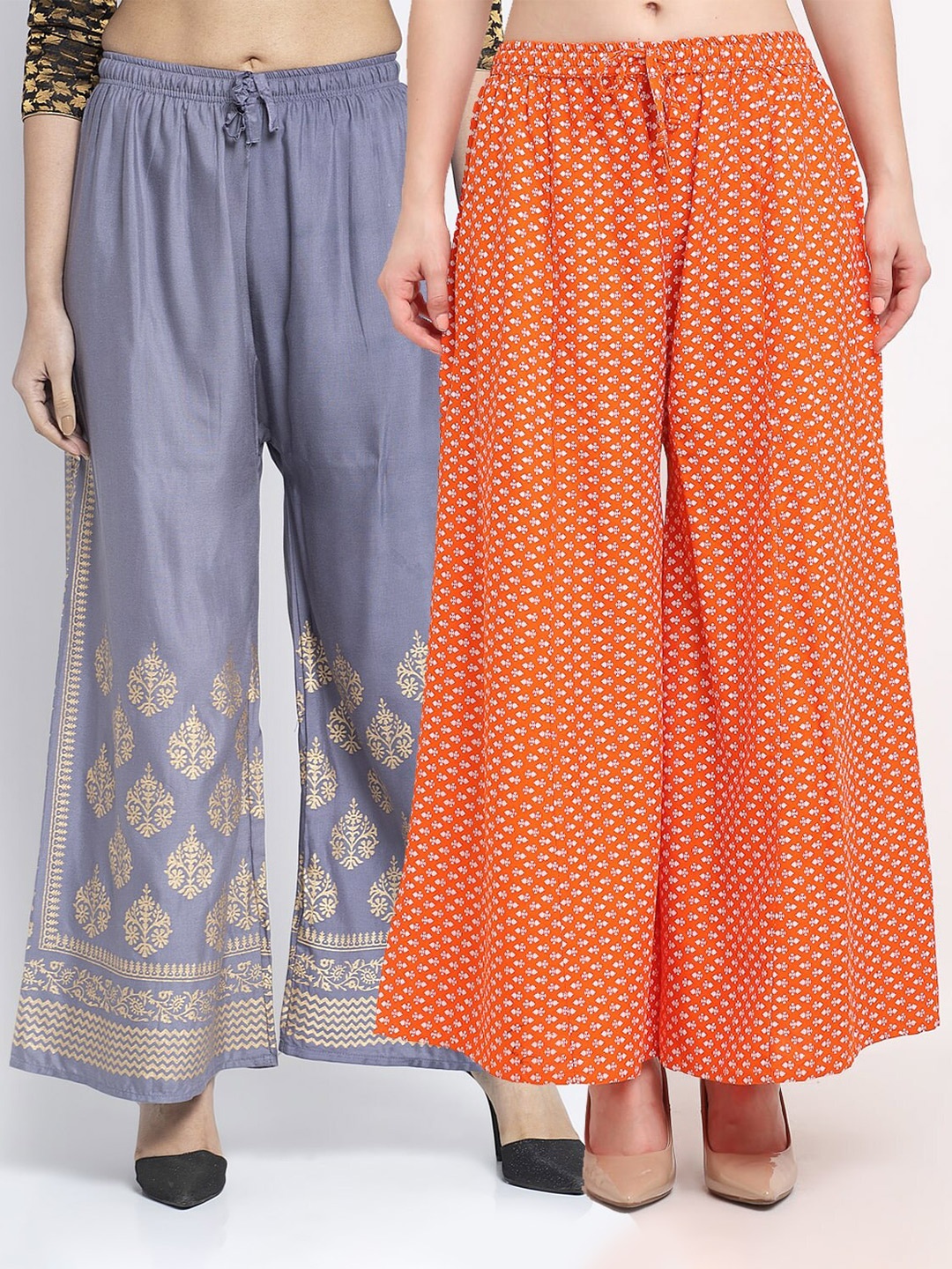 

Jinfo Women Grey & Orange Pack Of 2 Floral Printed Flared Knitted Ethnic Palazzos