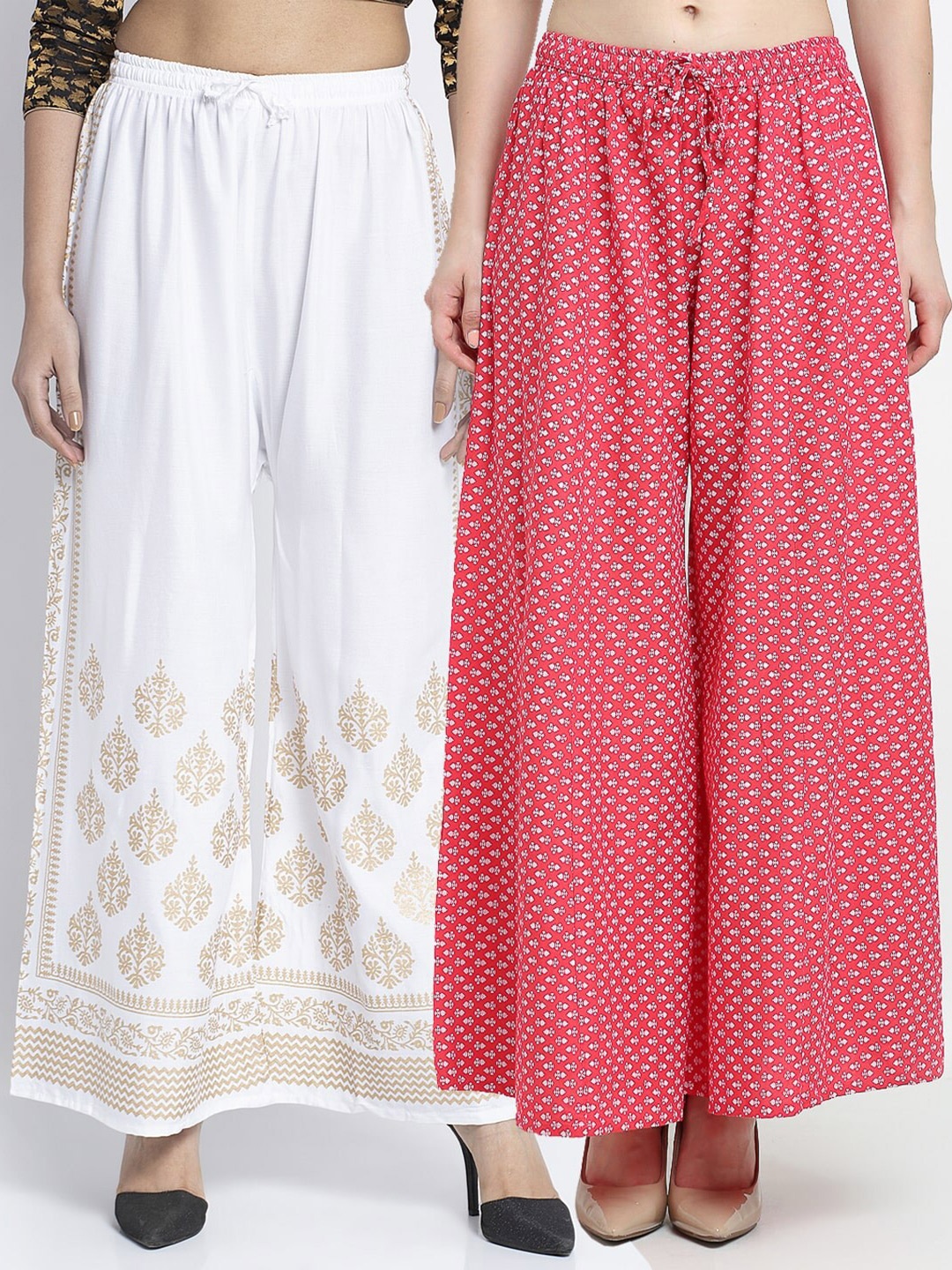 

Jinfo Women White & Pink Set of 2 Printed Flared Knitted Ethnic Palazzos