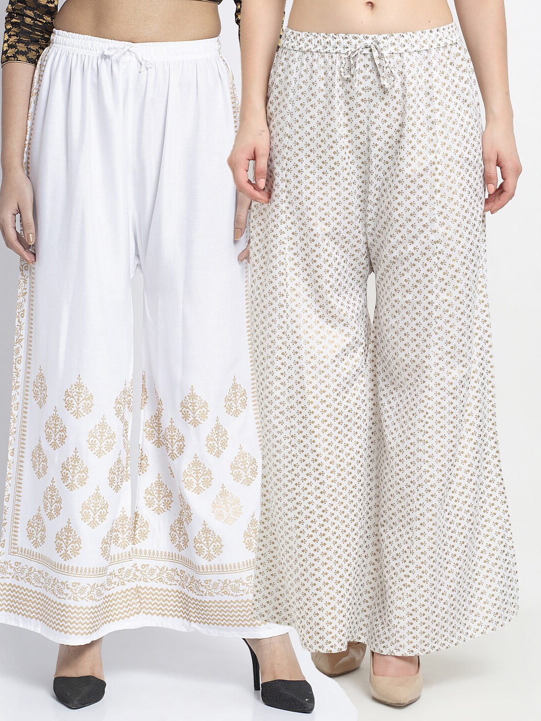 

Jinfo Women White & Off White Set Of 2 Ethnic Motifs Printed Flared Ethnic Palazzos
