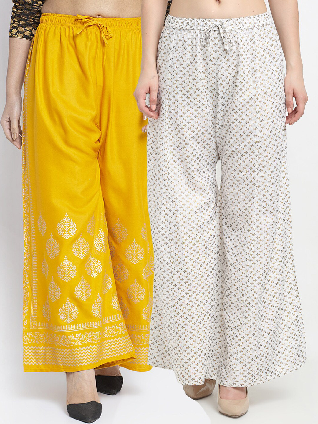 

Jinfo Women Yellow & White Set Of 2 Ethnic Motifs Printed Flared Knitted Palazzos