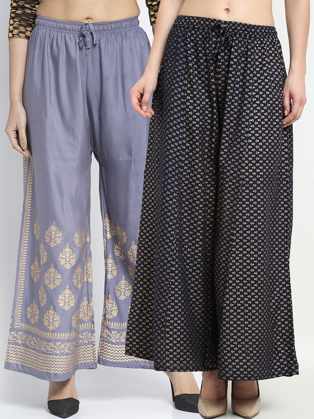 

Jinfo Women Pack Of 2 Grey & Navy Blue Ethnic Motifs Flared Knitted Ethnic Palazzos