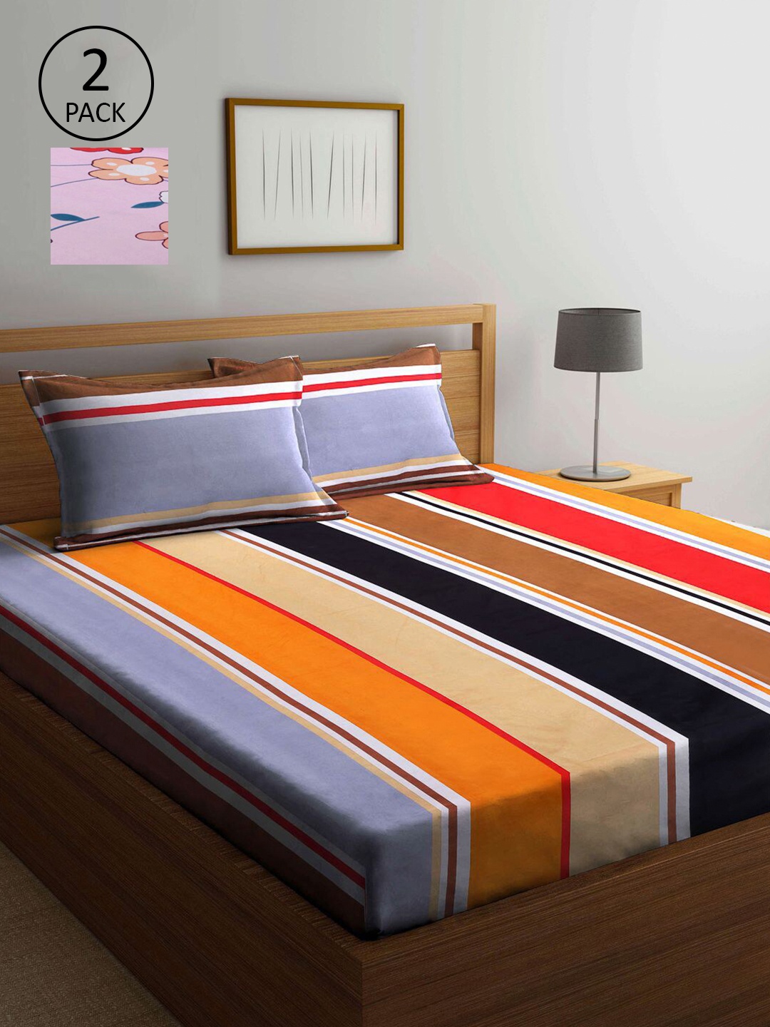 

KLOTTHE Orange & Black Striped 210 TC 2 King Bedsheet with 4 Pillow Covers