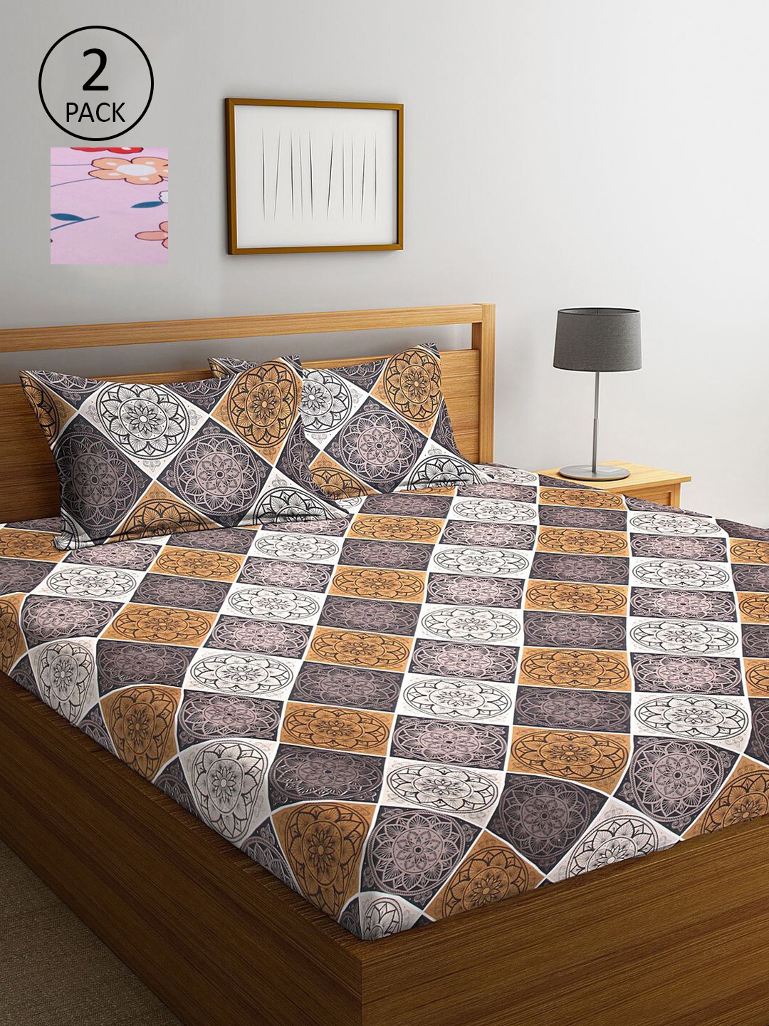 

KLOTTHE Brown & Beige Floral 210 TC 2 King Bedsheet with 4 Pillow Covers