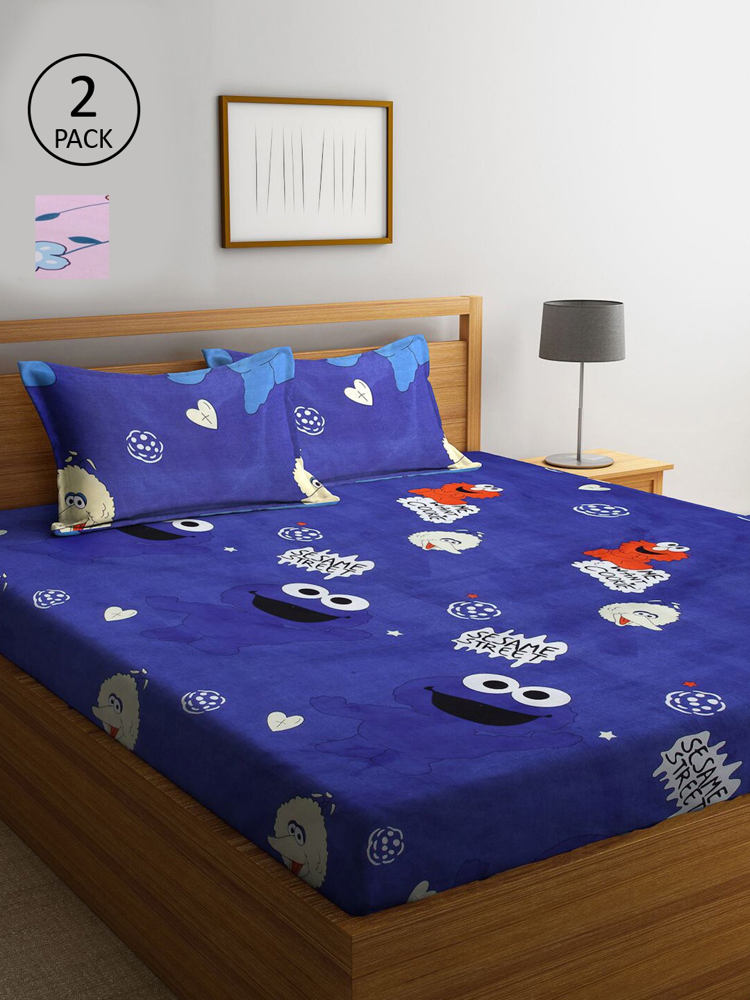 

KLOTTHE Navy Blue & Pink Cartoon Characters 210 TC 2 King Bedsheet with 4 Pillow Covers