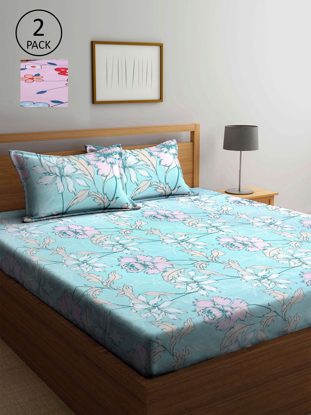 

KLOTTHE Turquoise Blue & Pink Floral 210 TC 2 King Bedsheet with 4 Pillow Covers