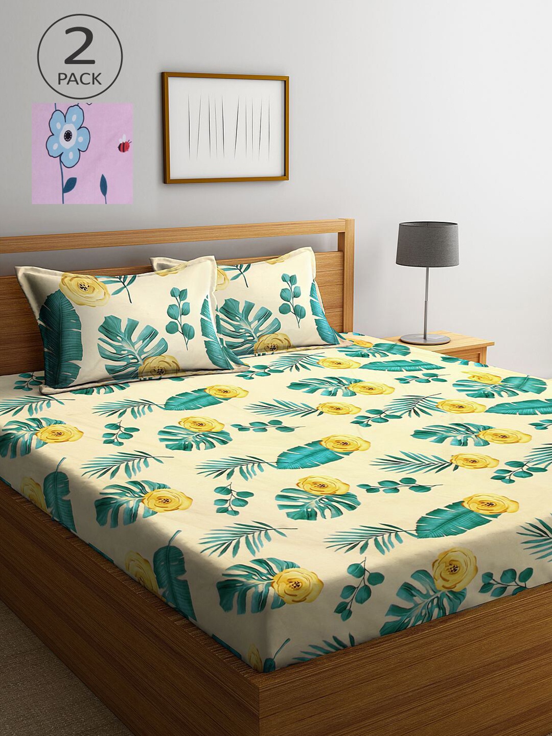 

KLOTTHE Cream-Coloured & Green Floral 210 TC 2 King Bedsheet with 4 Pillow Covers