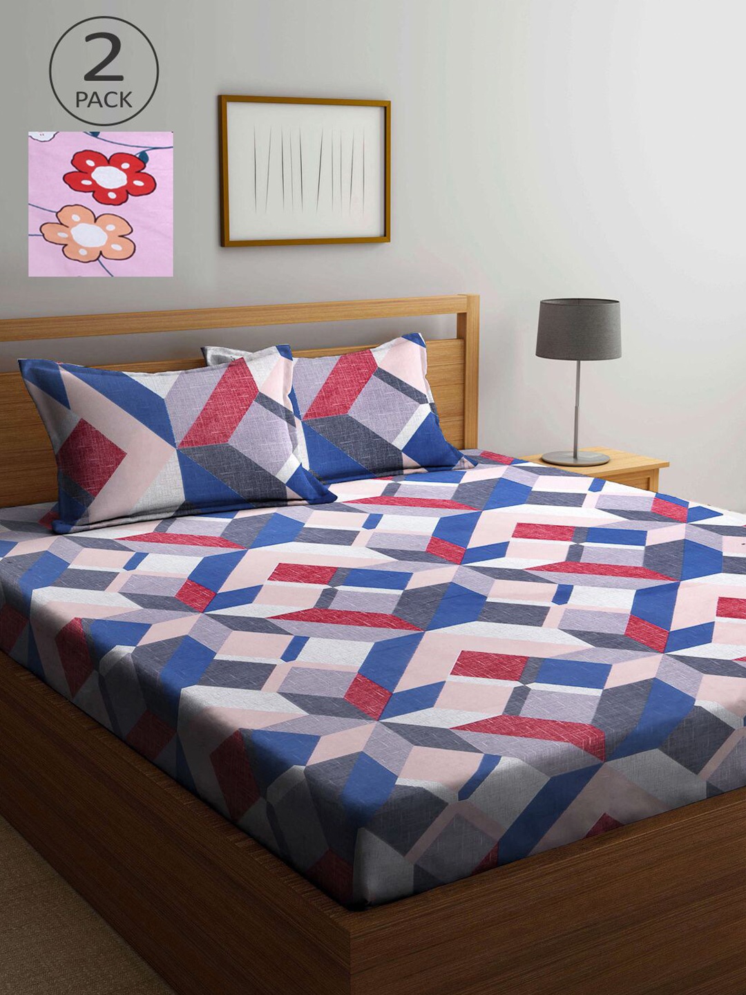 

KLOTTHE Blue & Pink Geometric 210 TC 2 King Bedsheet with 4 Pillow Covers